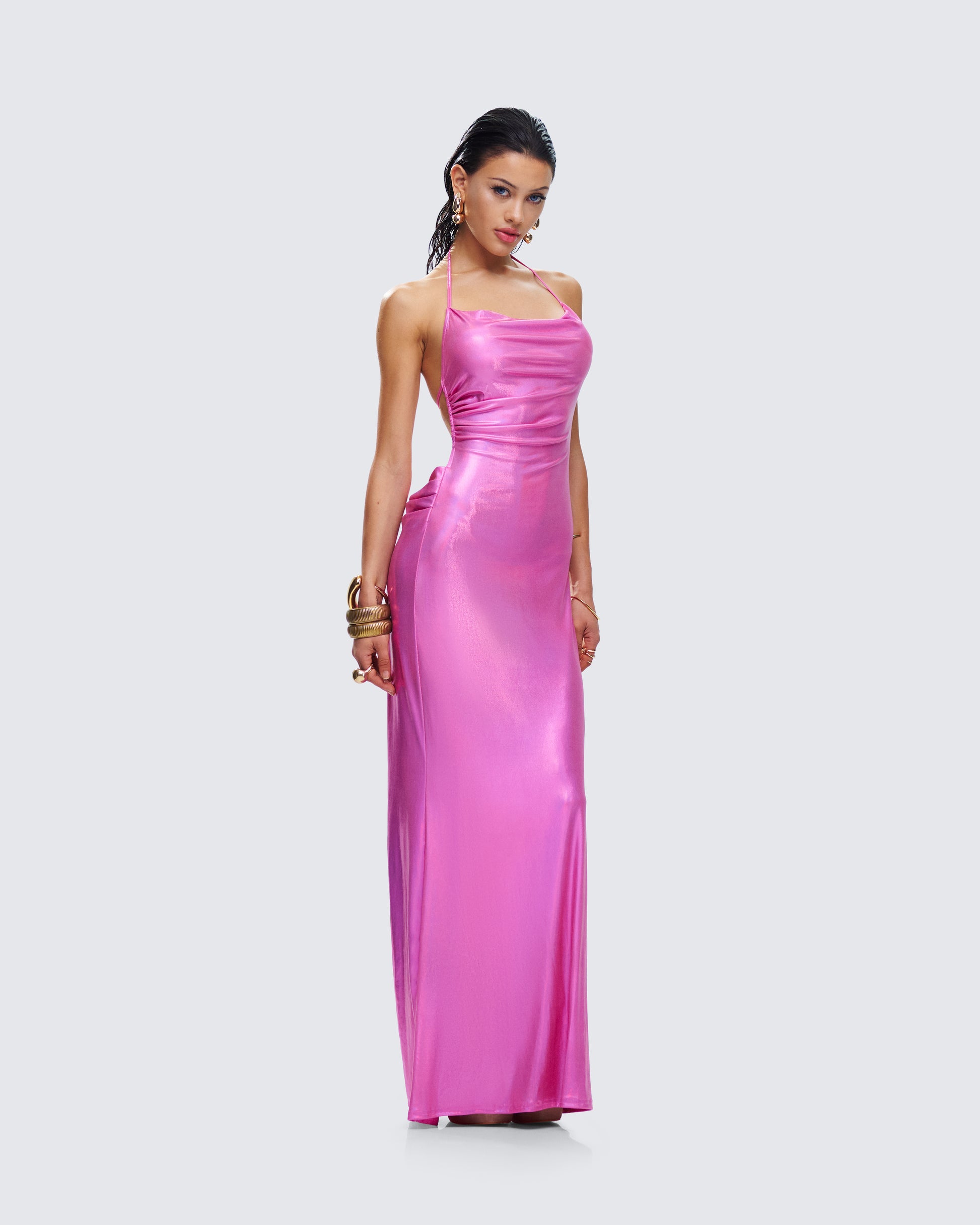Pink Metallic Halter Gown - Backless Formal Dress FINESSE Pink Metallic Halter Gown - Backless Formal Dress FINESSE