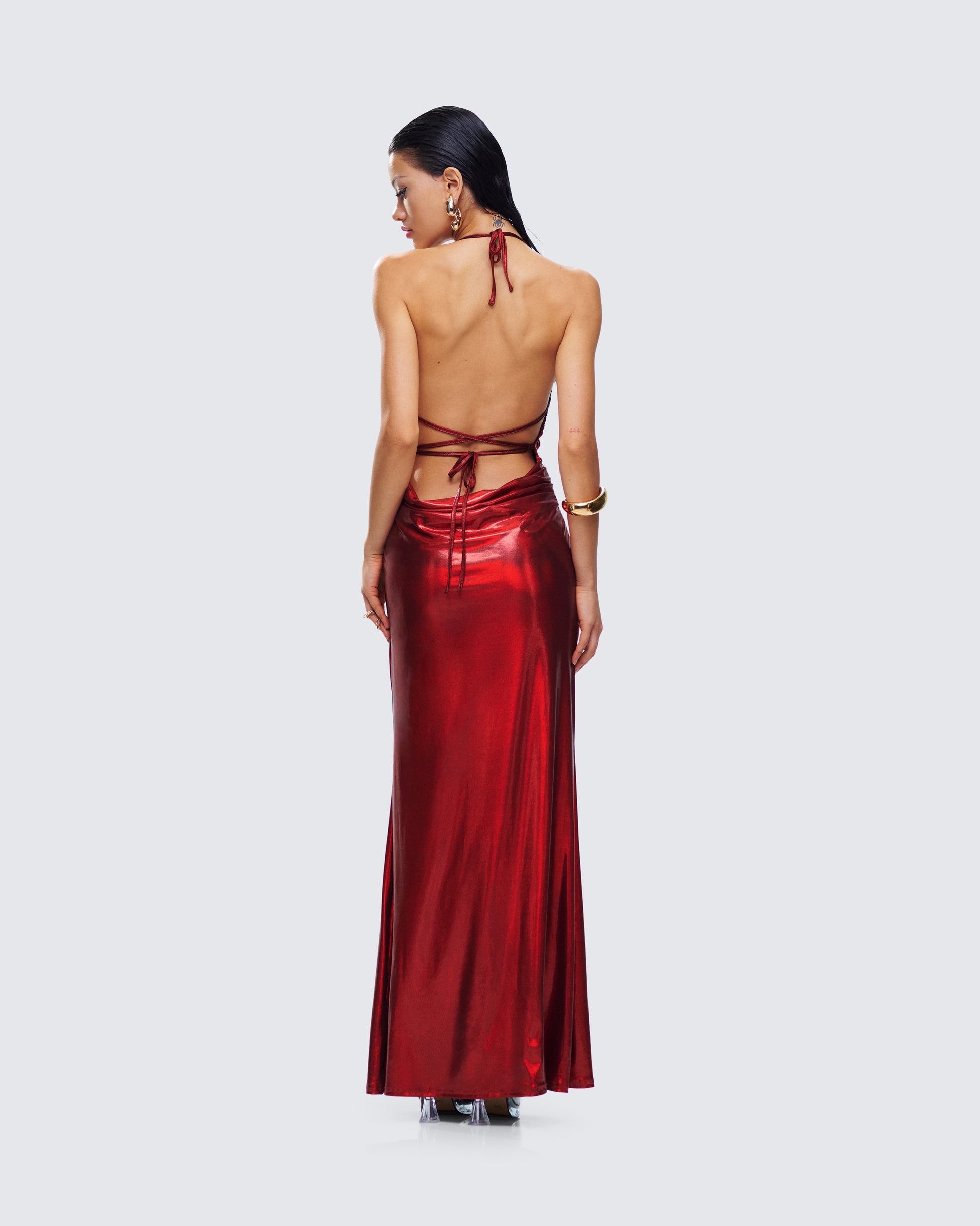 Red Metallic Halter Gown - Formal Evening Maxi Dress FINESSE Red Metallic Halter Gown - Formal Evening Maxi Dress FINESSE
