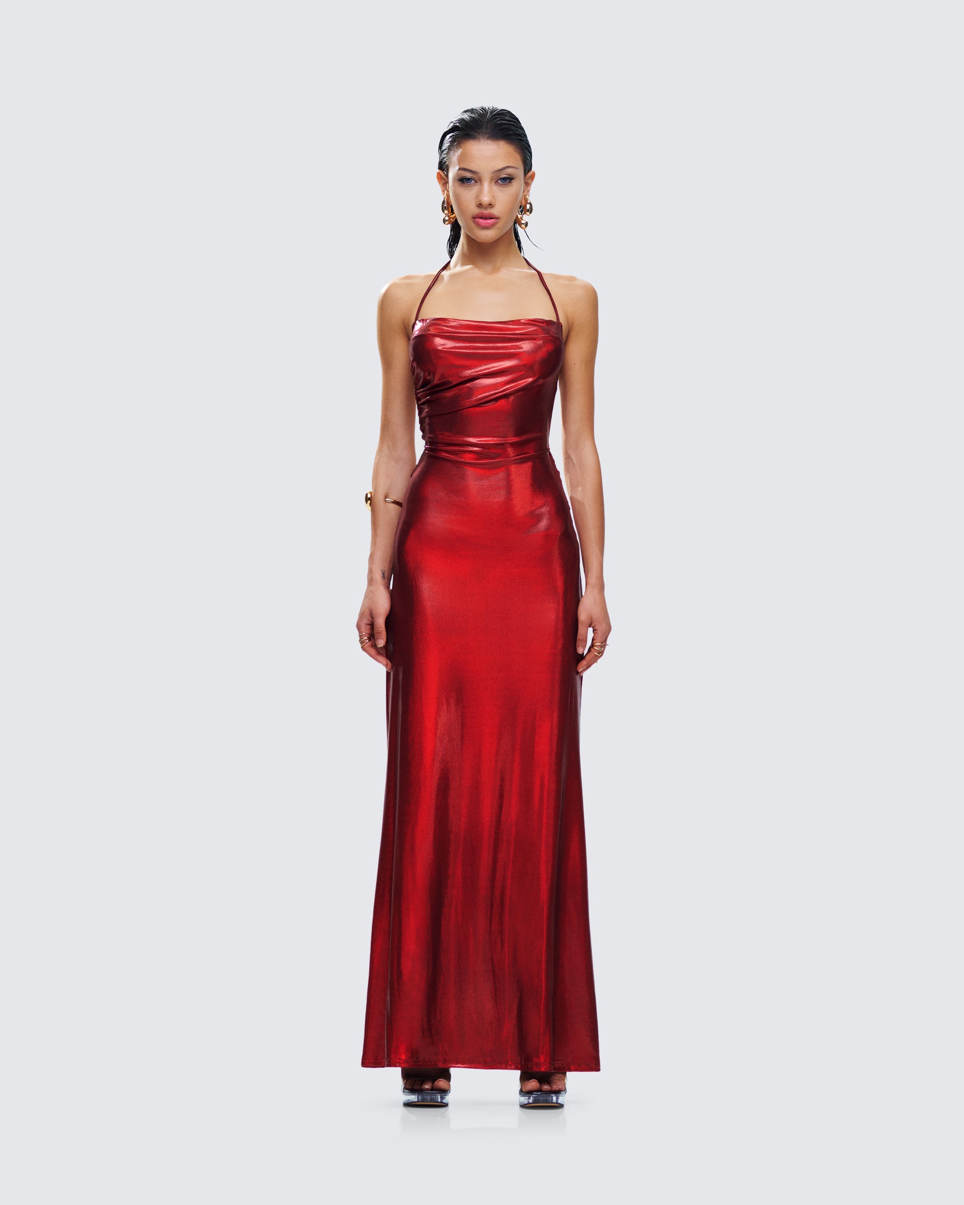 Red Metallic Halter Gown - Formal Evening Maxi Dress FINESSE Red Metallic Halter Gown - Formal Evening Maxi Dress FINESSE