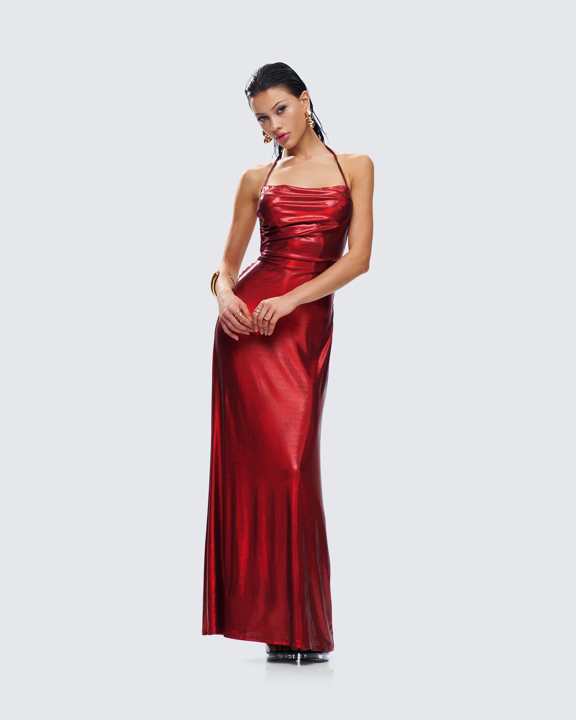Red Metallic Halter Gown - Formal Evening Maxi Dress FINESSE Red Metallic Halter Gown - Formal Evening Maxi Dress FINESSE