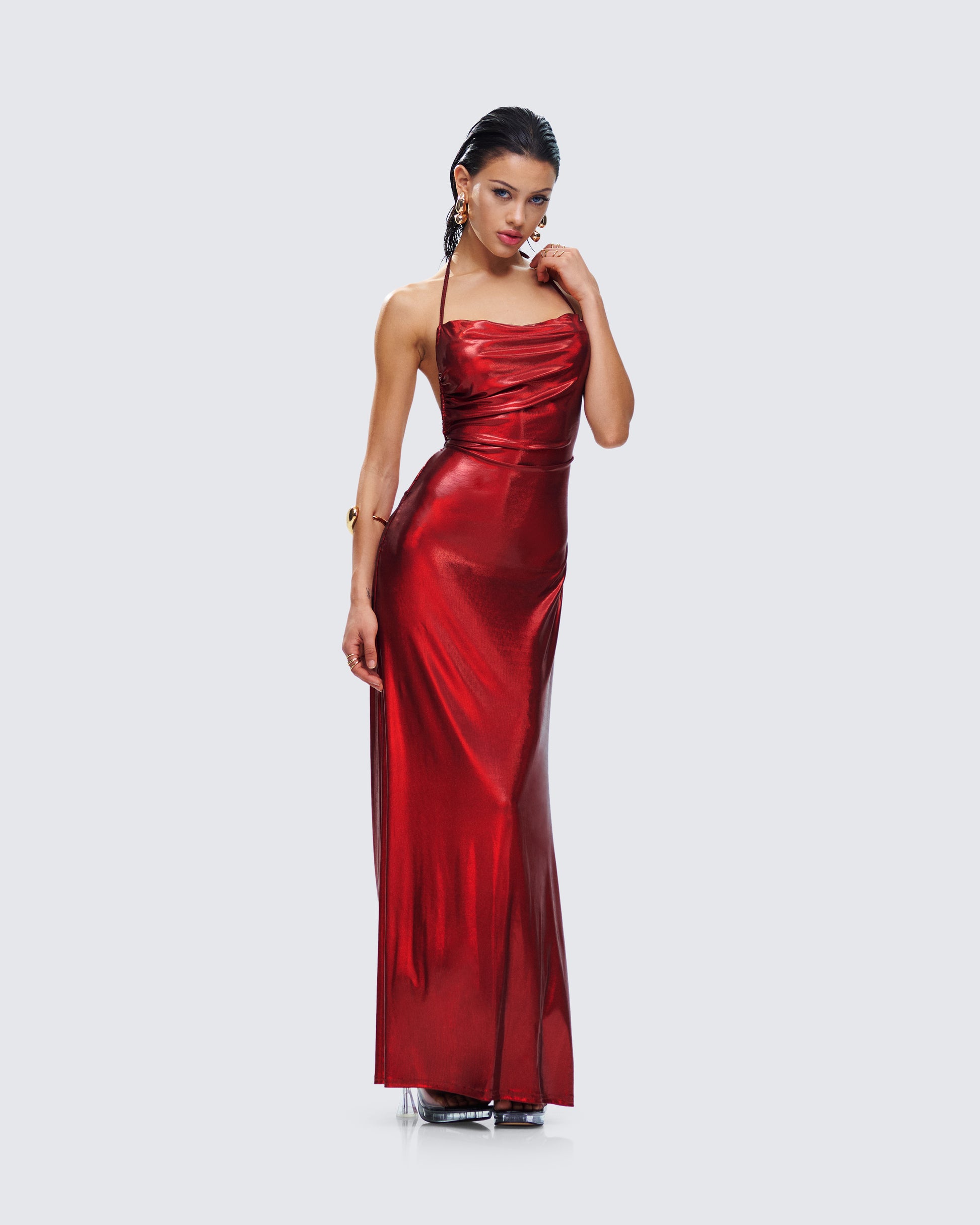 Red Metallic Halter Gown - Formal Evening Maxi Dress FINESSE Red Metallic Halter Gown - Formal Evening Maxi Dress FINESSE