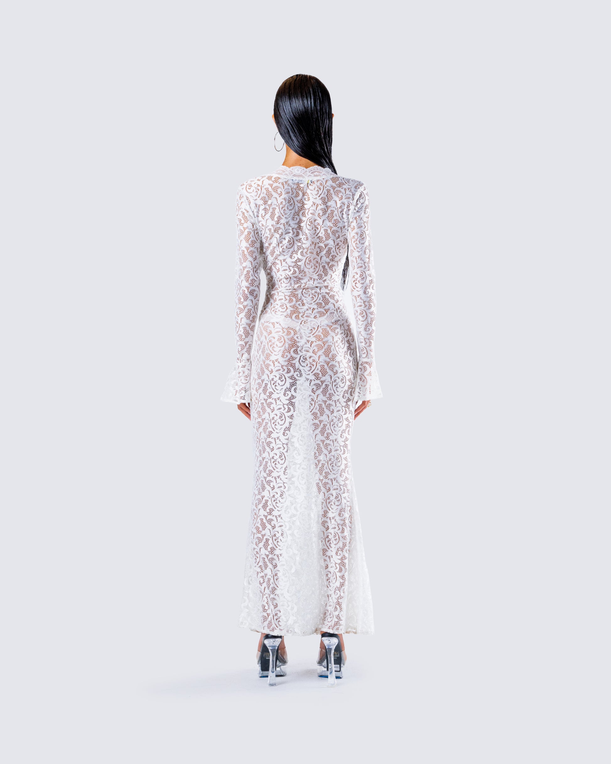 White Lace Maxi Dress - Long Sleeve V-Neck Formal FINESSE White Lace Maxi Dress - Long Sleeve V-Neck Formal FINESSE