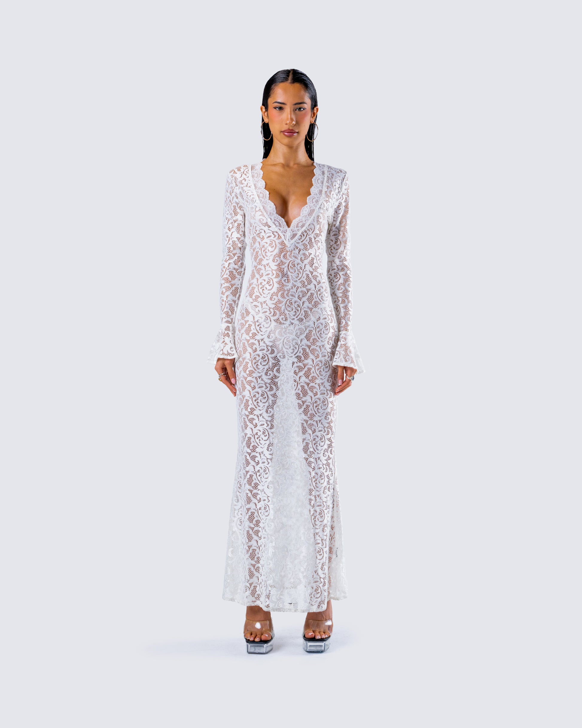 White Lace Maxi Dress - Long Sleeve V-Neck Formal FINESSE White Lace Maxi Dress - Long Sleeve V-Neck Formal FINESSE