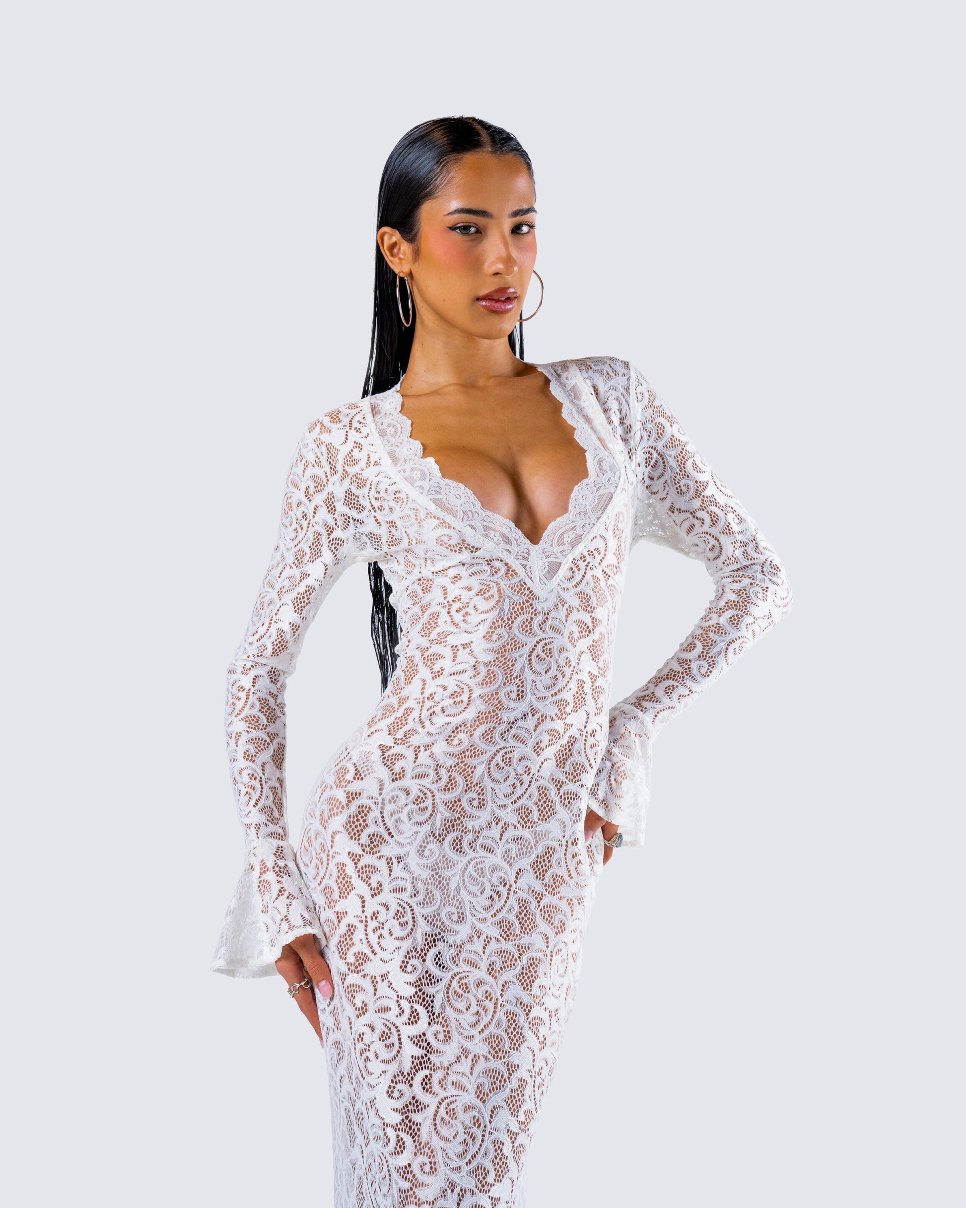 White Lace Maxi Dress - Long Sleeve V-Neck Formal FINESSE White Lace Maxi Dress - Long Sleeve V-Neck Formal FINESSE