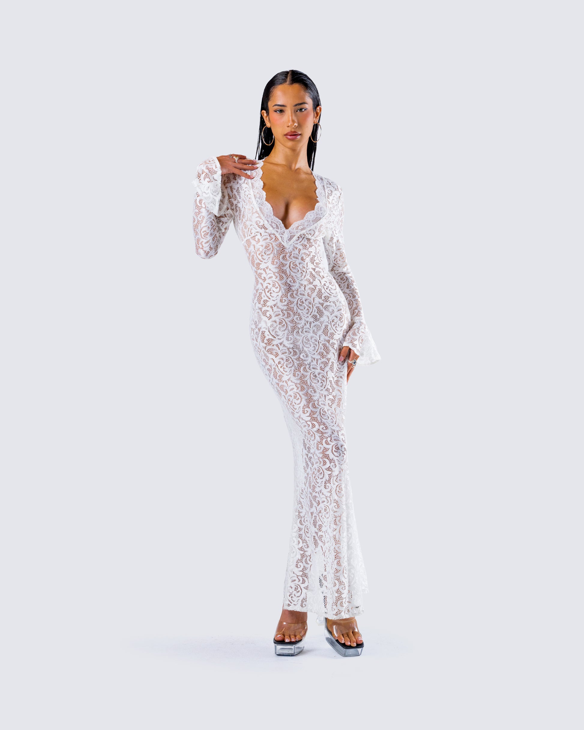 White Lace Maxi Dress - Long Sleeve V-Neck Formal FINESSE White Lace Maxi Dress - Long Sleeve V-Neck Formal FINESSE