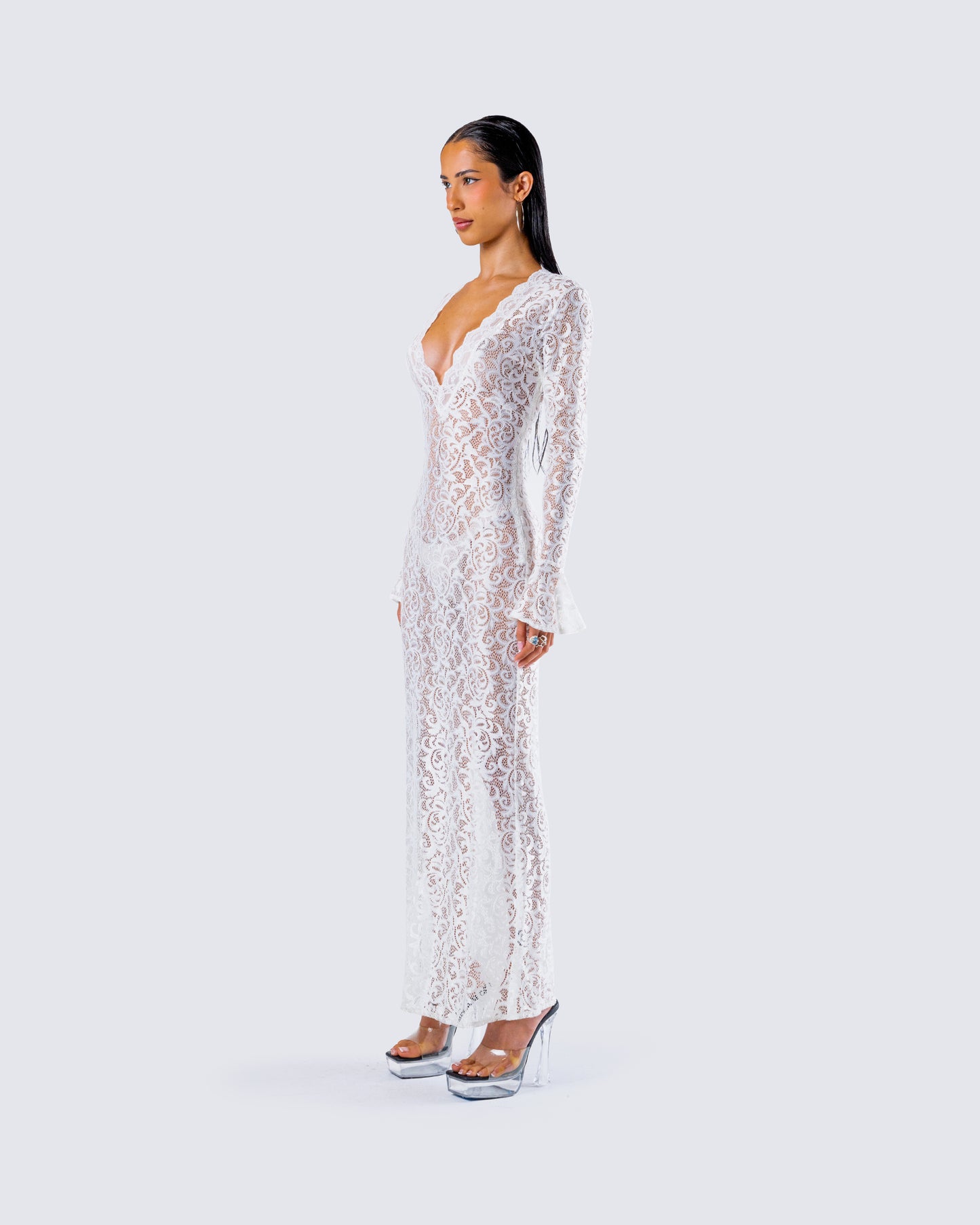 White Lace Maxi Dress - Long Sleeve V-Neck Formal FINESSE White Lace Maxi Dress - Long Sleeve V-Neck Formal FINESSE