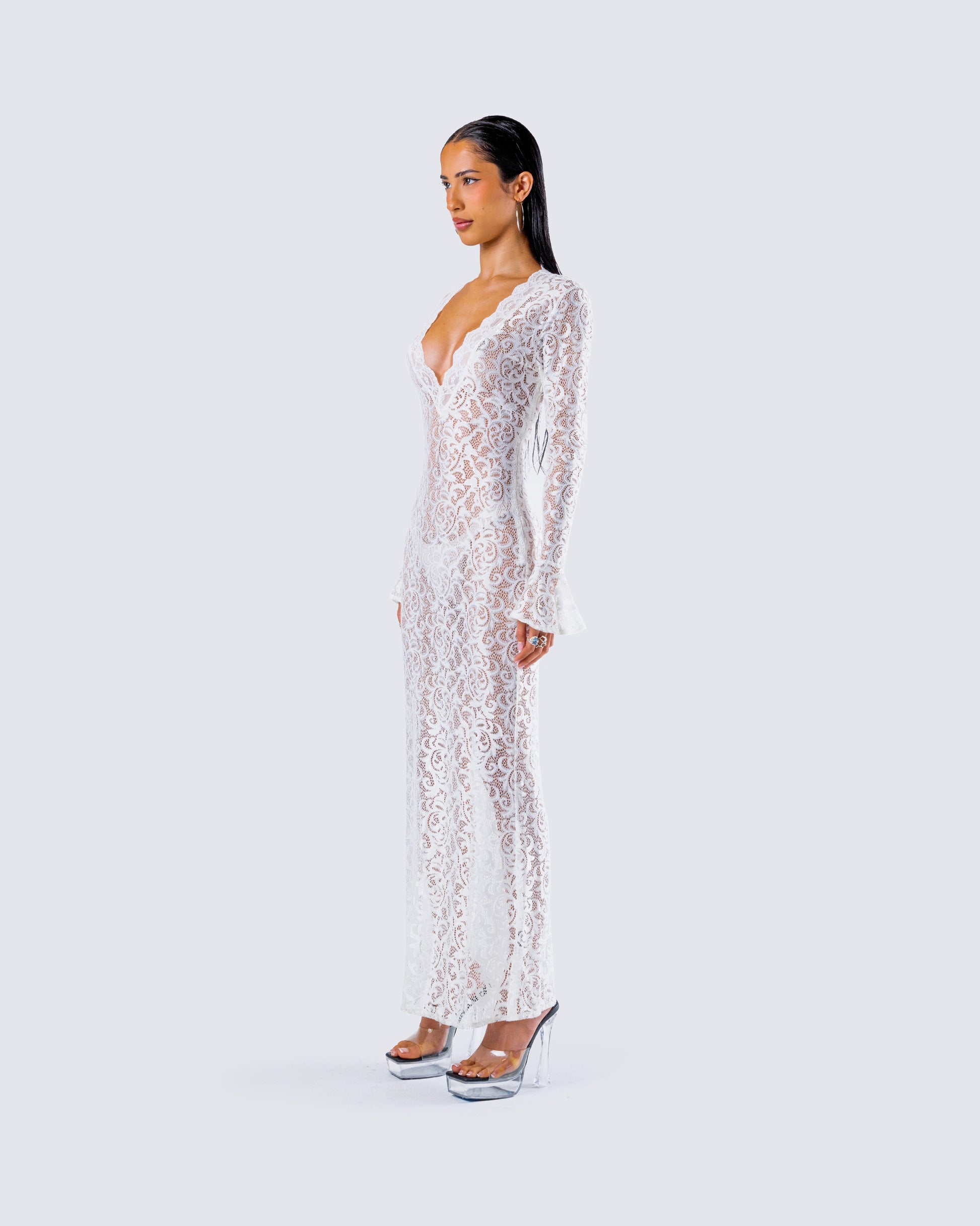 White Lace Maxi Dress - Long Sleeve V-Neck Formal FINESSE White Lace Maxi Dress - Long Sleeve V-Neck Formal FINESSE