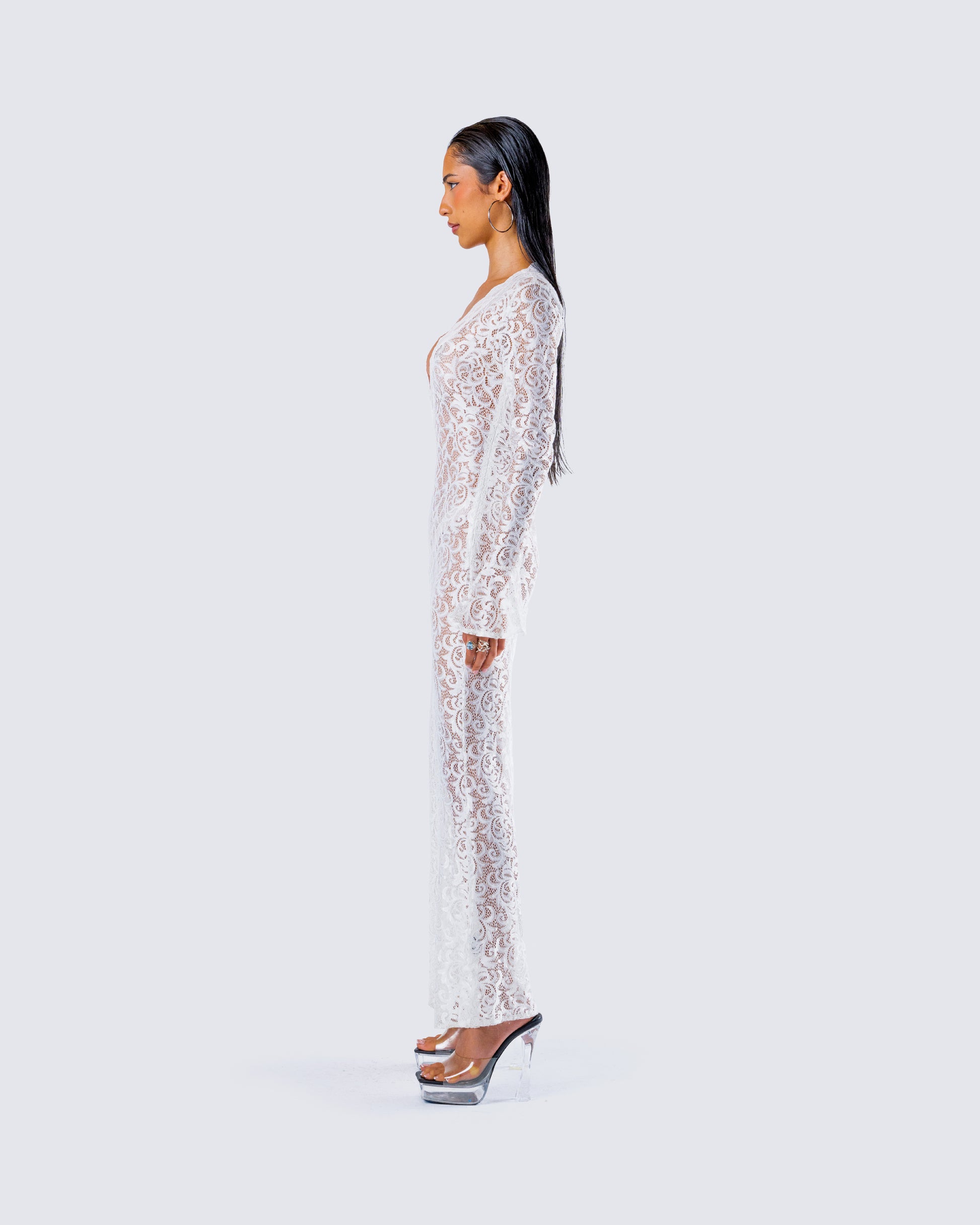 White Lace Maxi Dress - Long Sleeve V-Neck Formal FINESSE White Lace Maxi Dress - Long Sleeve V-Neck Formal FINESSE