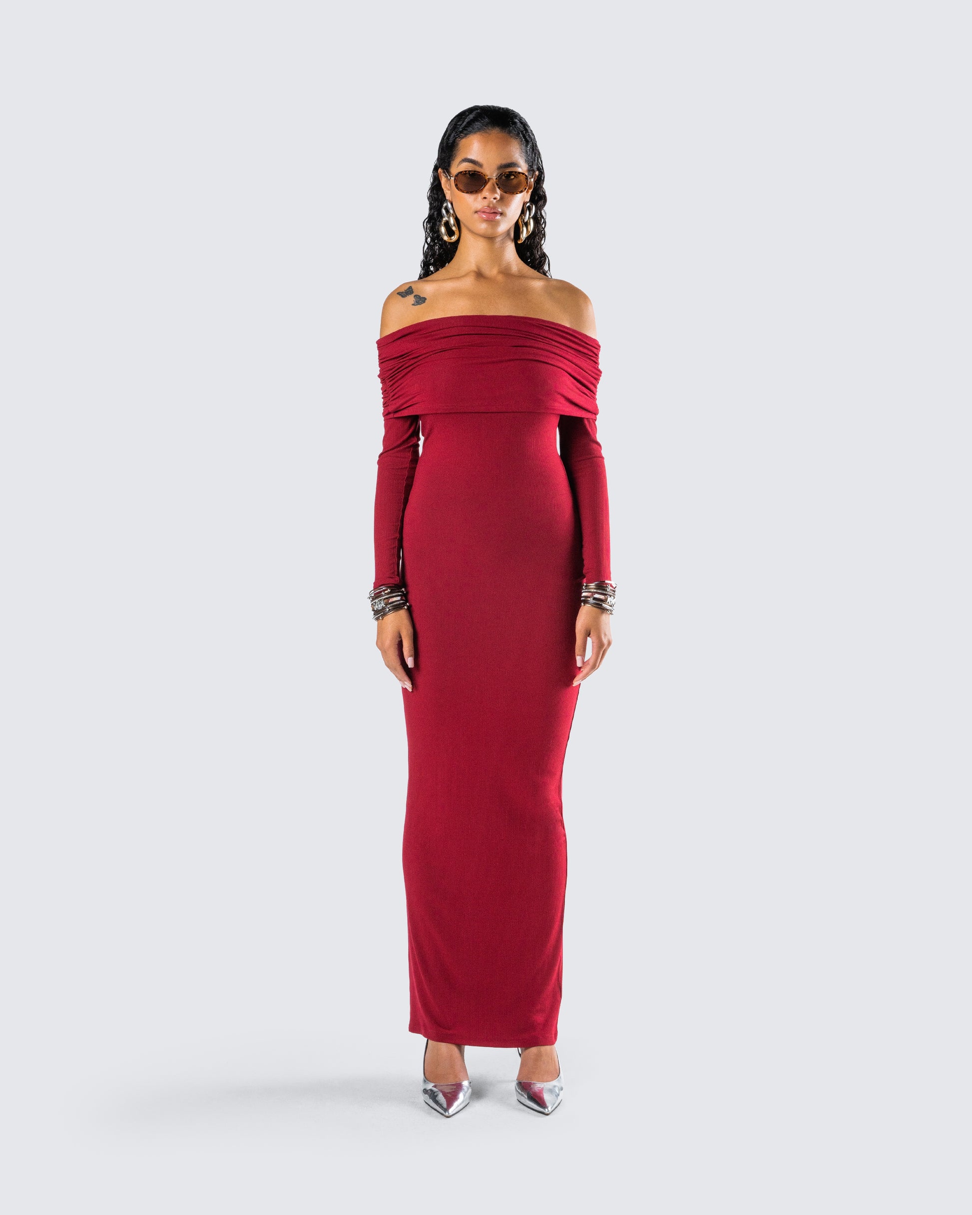 Burgundy Off Shoulder Maxi Dress - Ribbed Bodycon FINESSE Burgundy Off Shoulder Maxi Dress - Ribbed Bodycon FINESSE