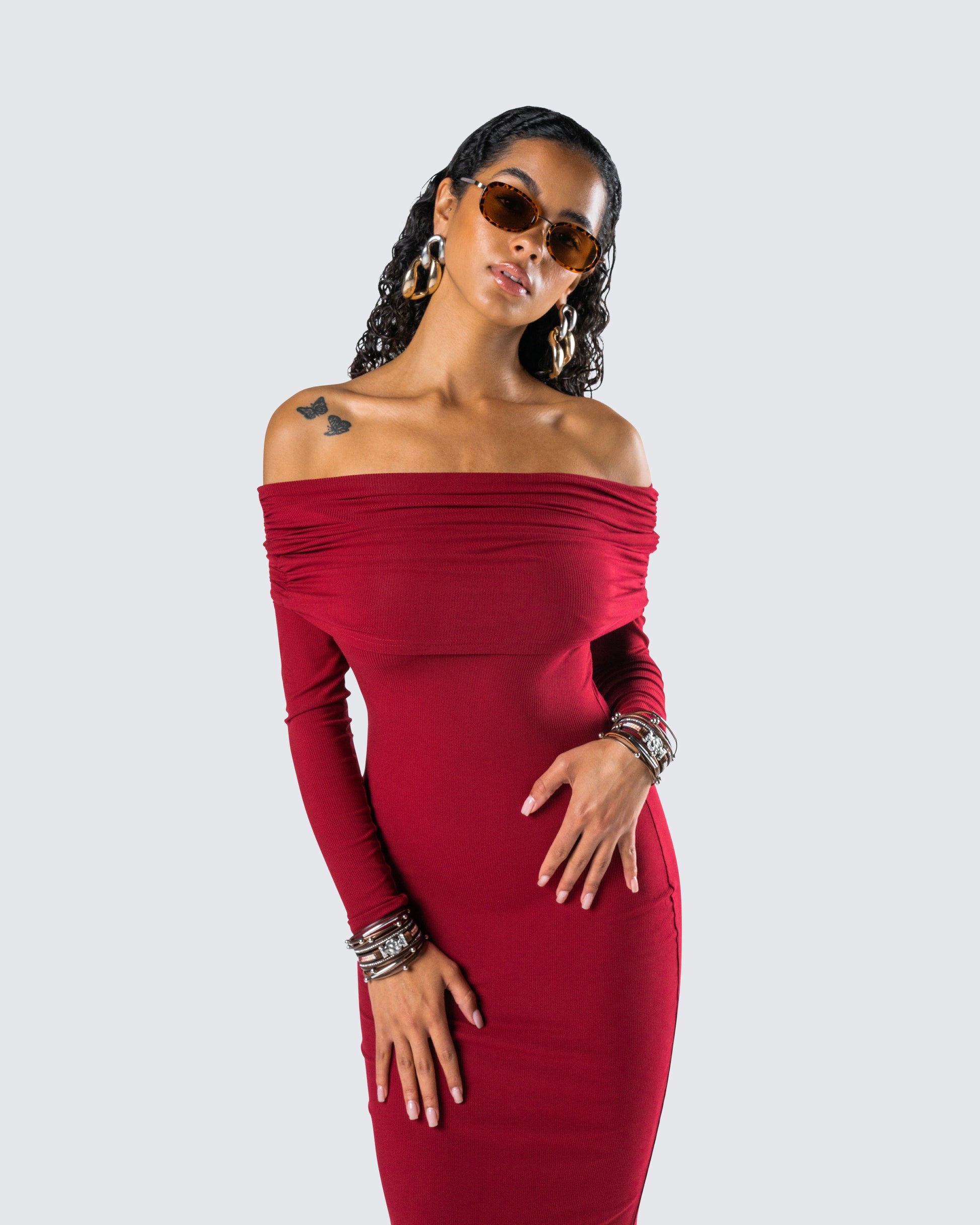 Burgundy Off Shoulder Maxi Dress - Ribbed Bodycon FINESSE Burgundy Off Shoulder Maxi Dress - Ribbed Bodycon FINESSE