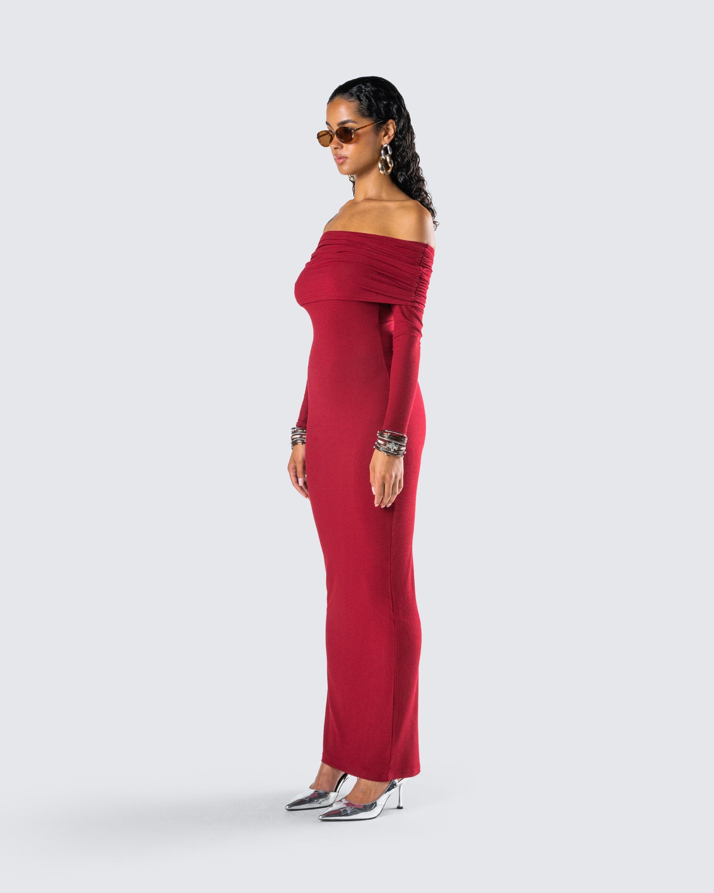 Burgundy Off Shoulder Maxi Dress - Ribbed Bodycon FINESSE Burgundy Off Shoulder Maxi Dress - Ribbed Bodycon FINESSE