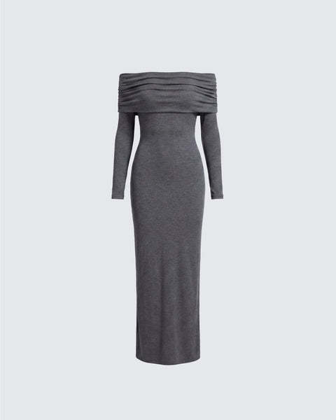 charcoal grey ribbed long sleeve bardot ruched bodycon dress Mini Dress Ribbed Long Sleeve Bardot Ruched Bodycon Dress Charcoal Grey Ribbed Long Sleeve Bardot Ruched