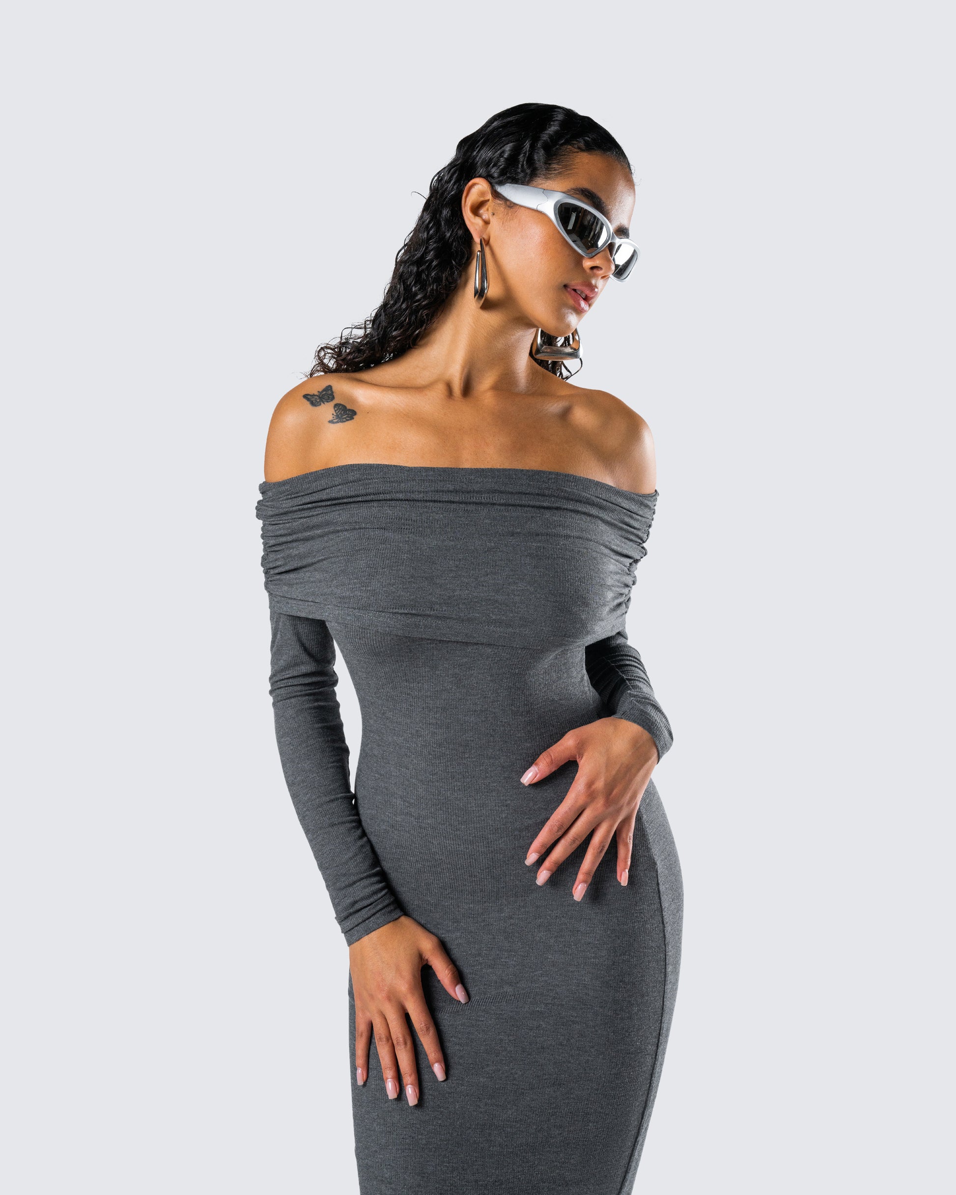 Charcoal Off Shoulder Maxi Dress - Bodycon Long Sleeve FINESSE Charcoal Off Shoulder Maxi Dress - Bodycon Long Sleeve FINESSE