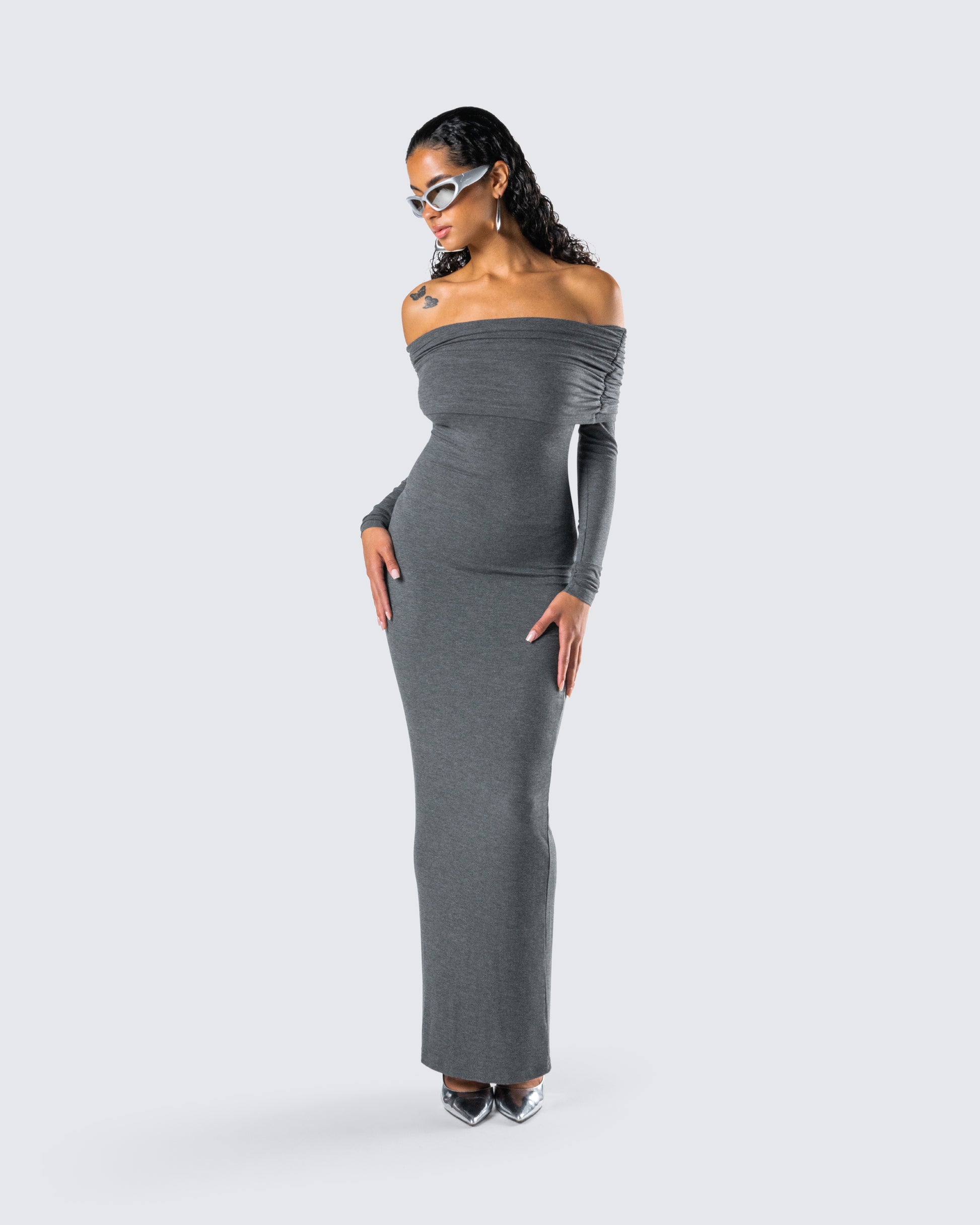 Charcoal Off Shoulder Maxi Dress - Bodycon Long Sleeve FINESSE Charcoal Off Shoulder Maxi Dress - Bodycon Long Sleeve FINESSE