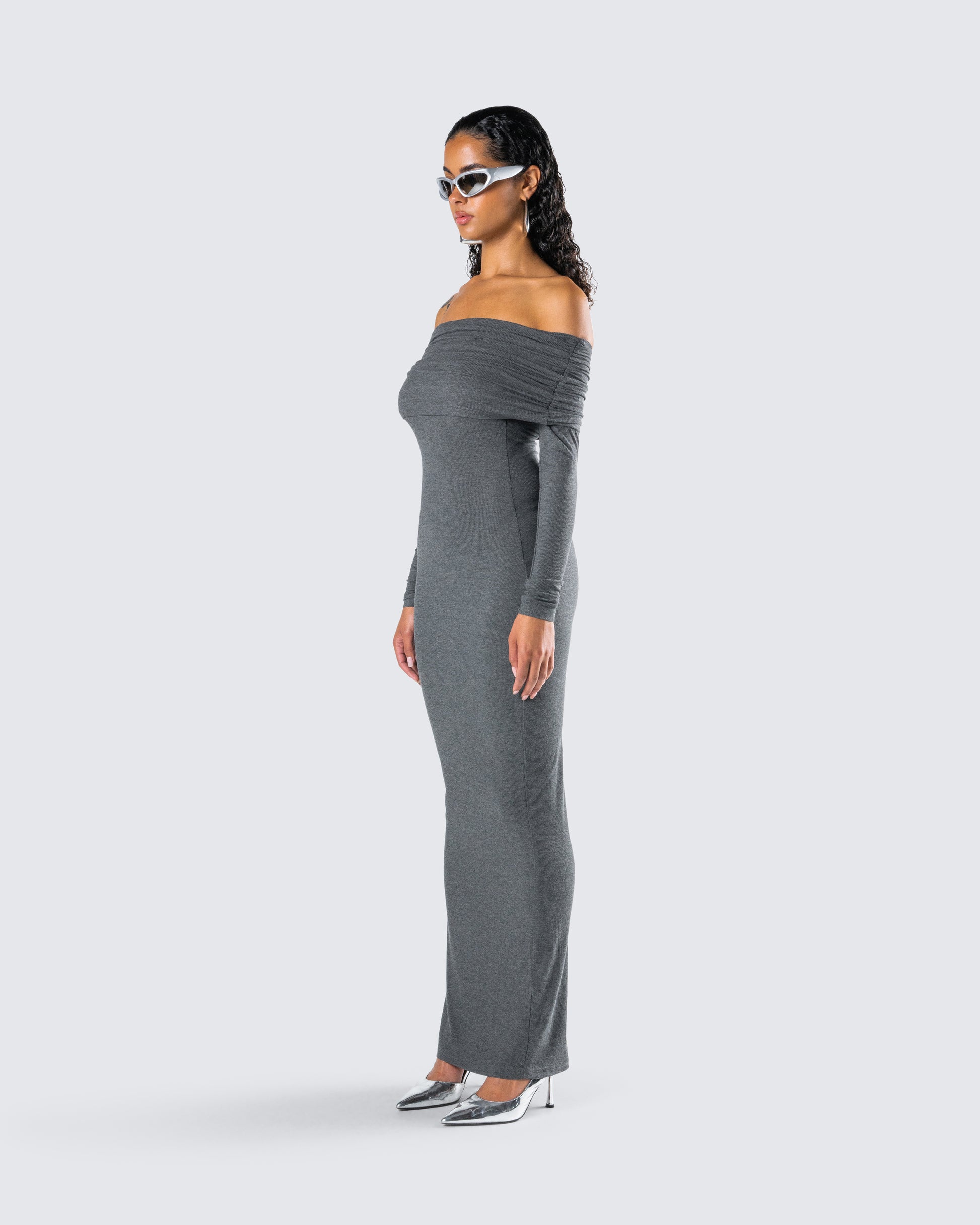 Charcoal Off Shoulder Maxi Dress - Bodycon Long Sleeve FINESSE Charcoal Off Shoulder Maxi Dress - Bodycon Long Sleeve FINESSE