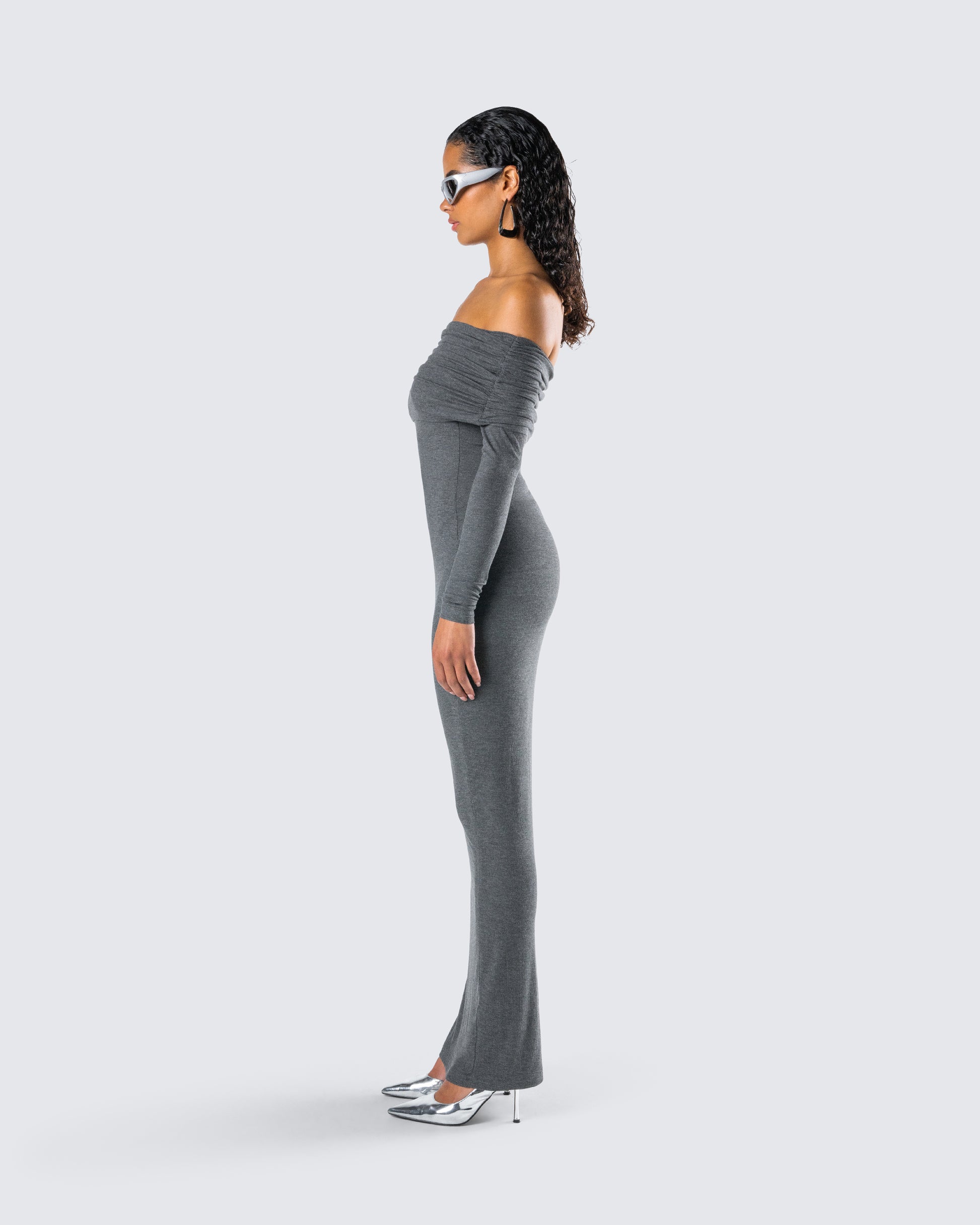 Charcoal Off Shoulder Maxi Dress - Bodycon Long Sleeve FINESSE Charcoal Off Shoulder Maxi Dress - Bodycon Long Sleeve FINESSE