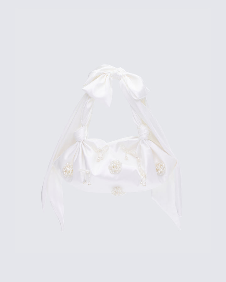 Kymani White Satin Bag with Pearl Detail