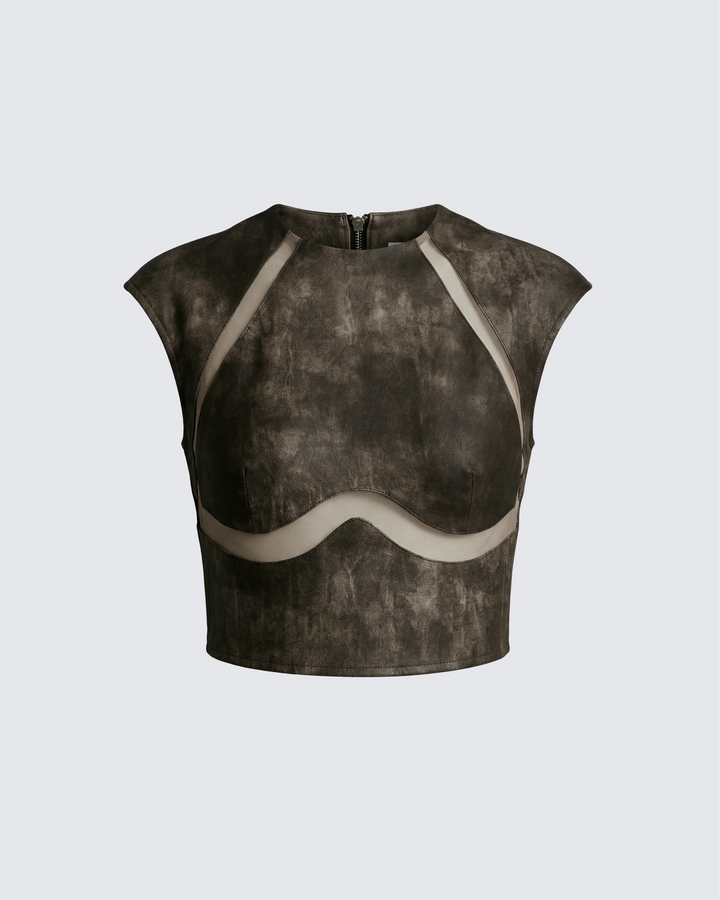 Kano Brown Vegan Leather Cutout Top