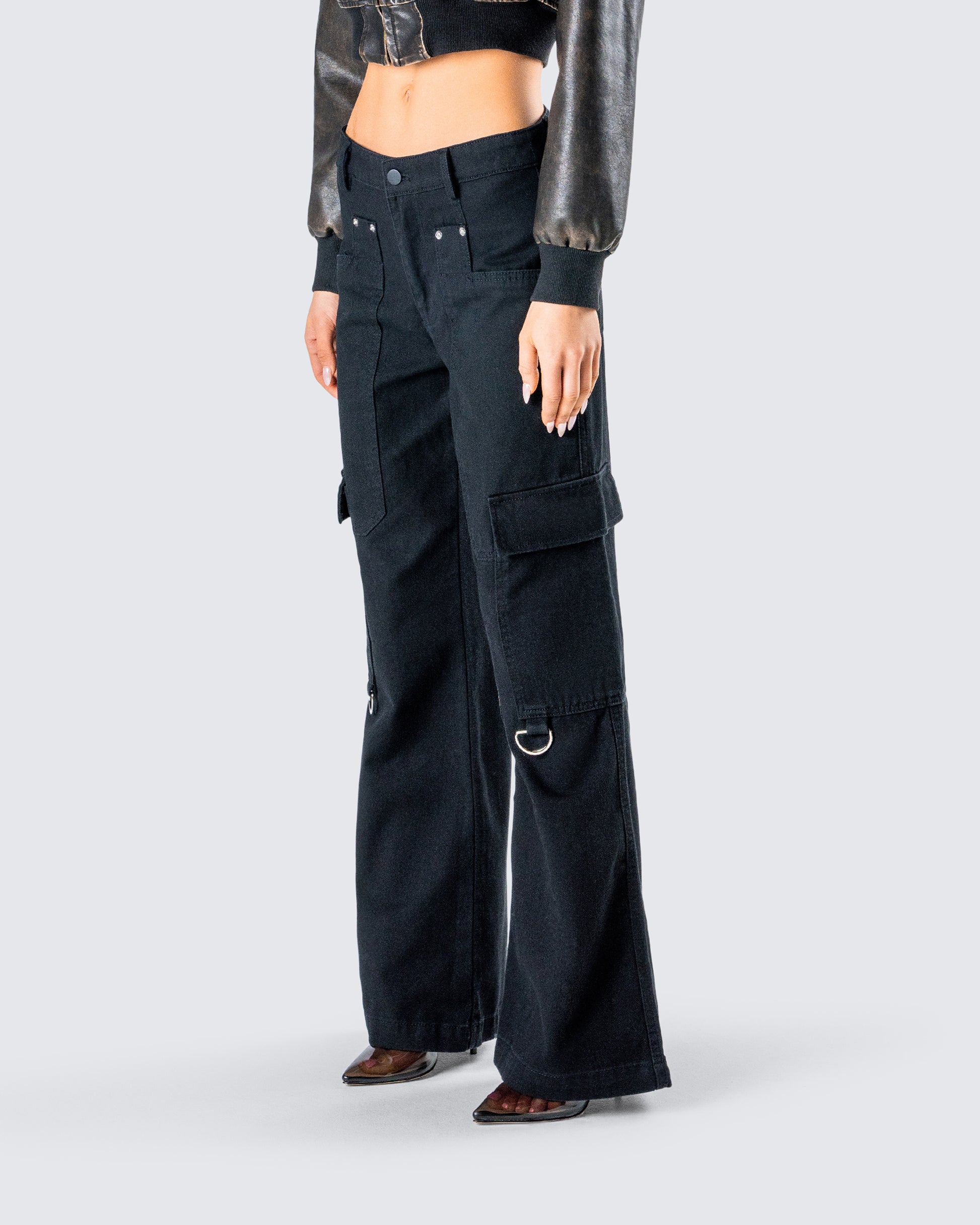 Black Twill Pocket High Waist Cargo Pants