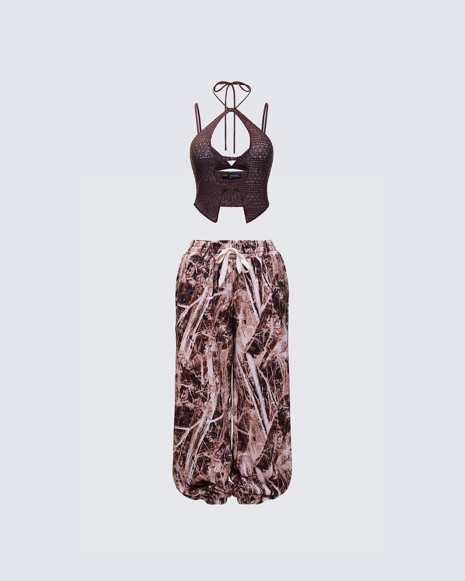 Brown Two-Piece Set - Camo Print Halter Top + Cargo Pants FINESSE Brown Two-Piece Set - Camo Print Halter Top + Cargo Pants FINESSE