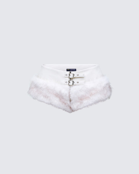 White Faux Fur Micro Shorts - Double Buckle Hot Pants – FINESSE