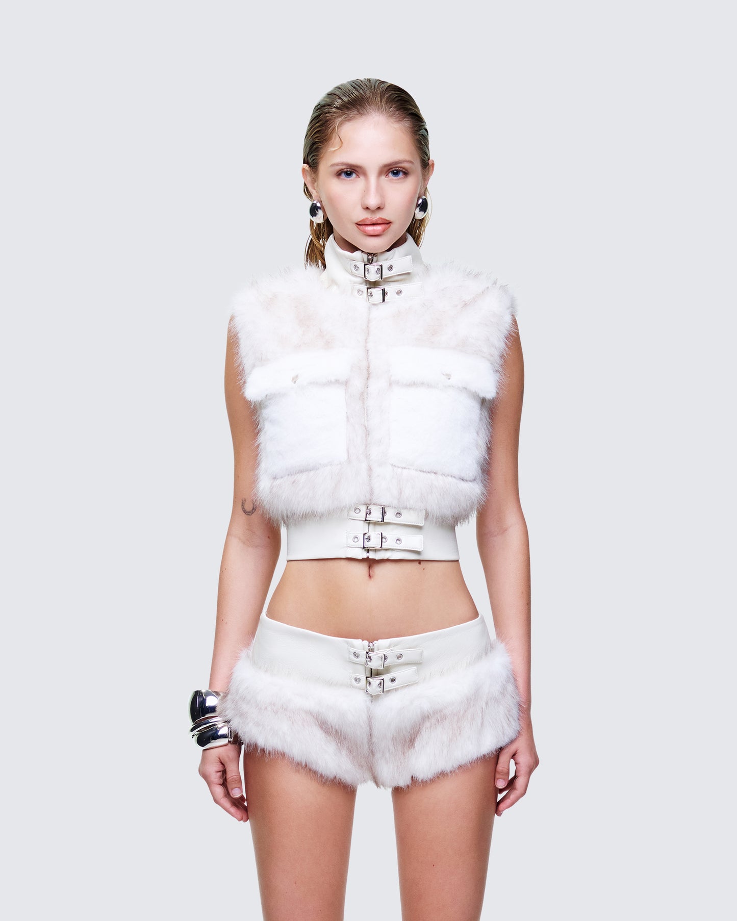 Larina White Faux Fur Sleeveless Jacket model front