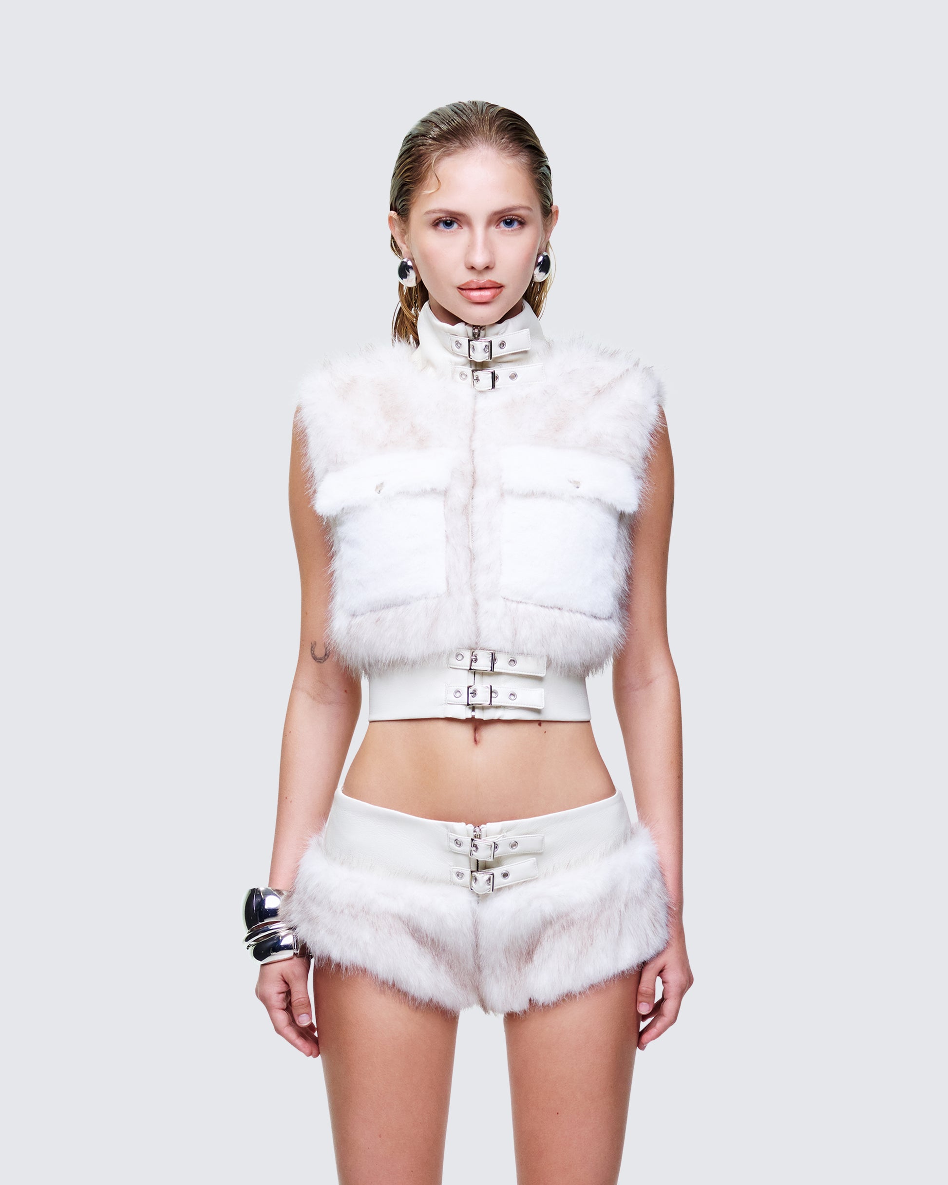 Larina White Faux Fur Sleeveless Jacket model front
