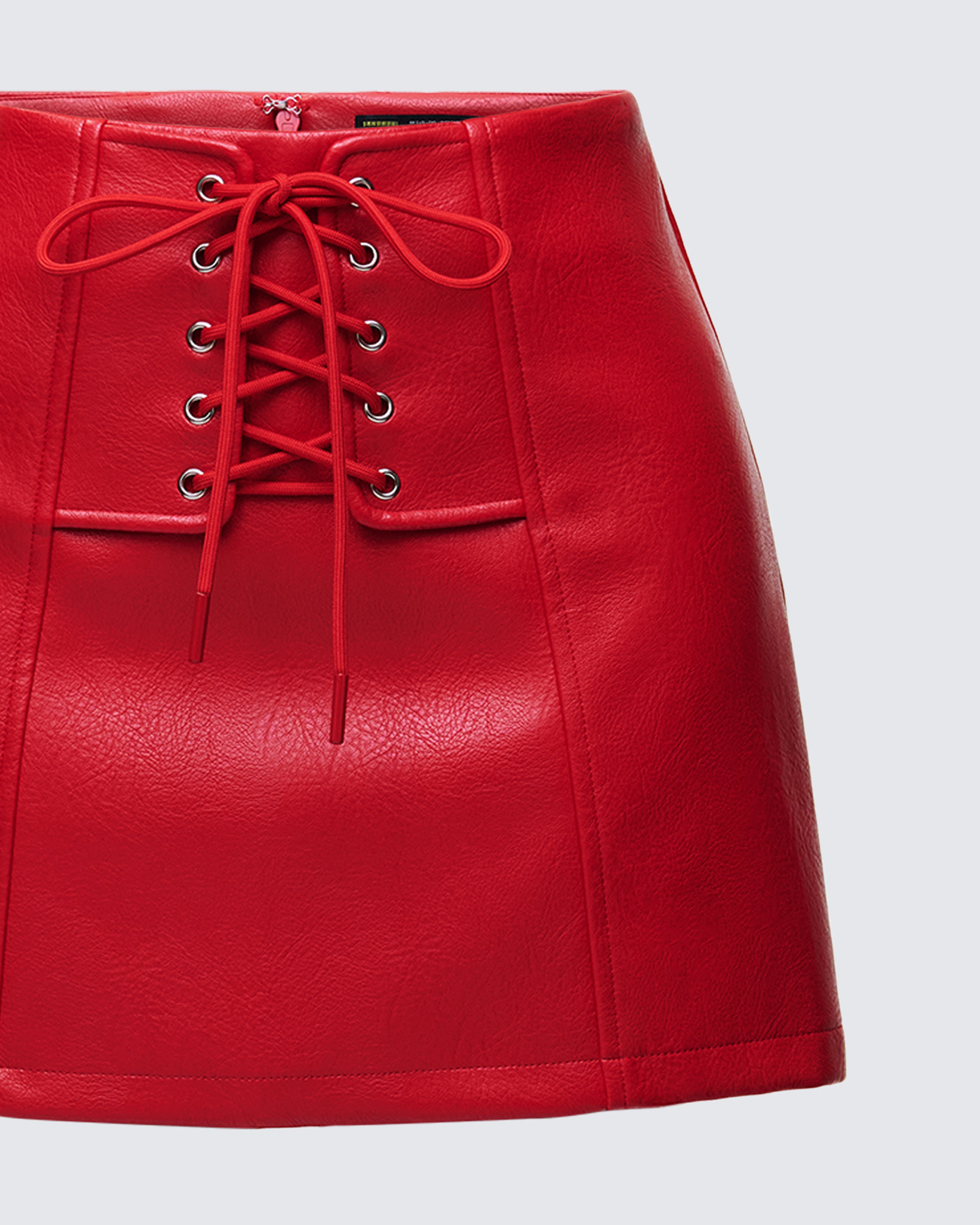 Red Vegan Leather Mini Skirt - Lace-Up Front – FINESSE