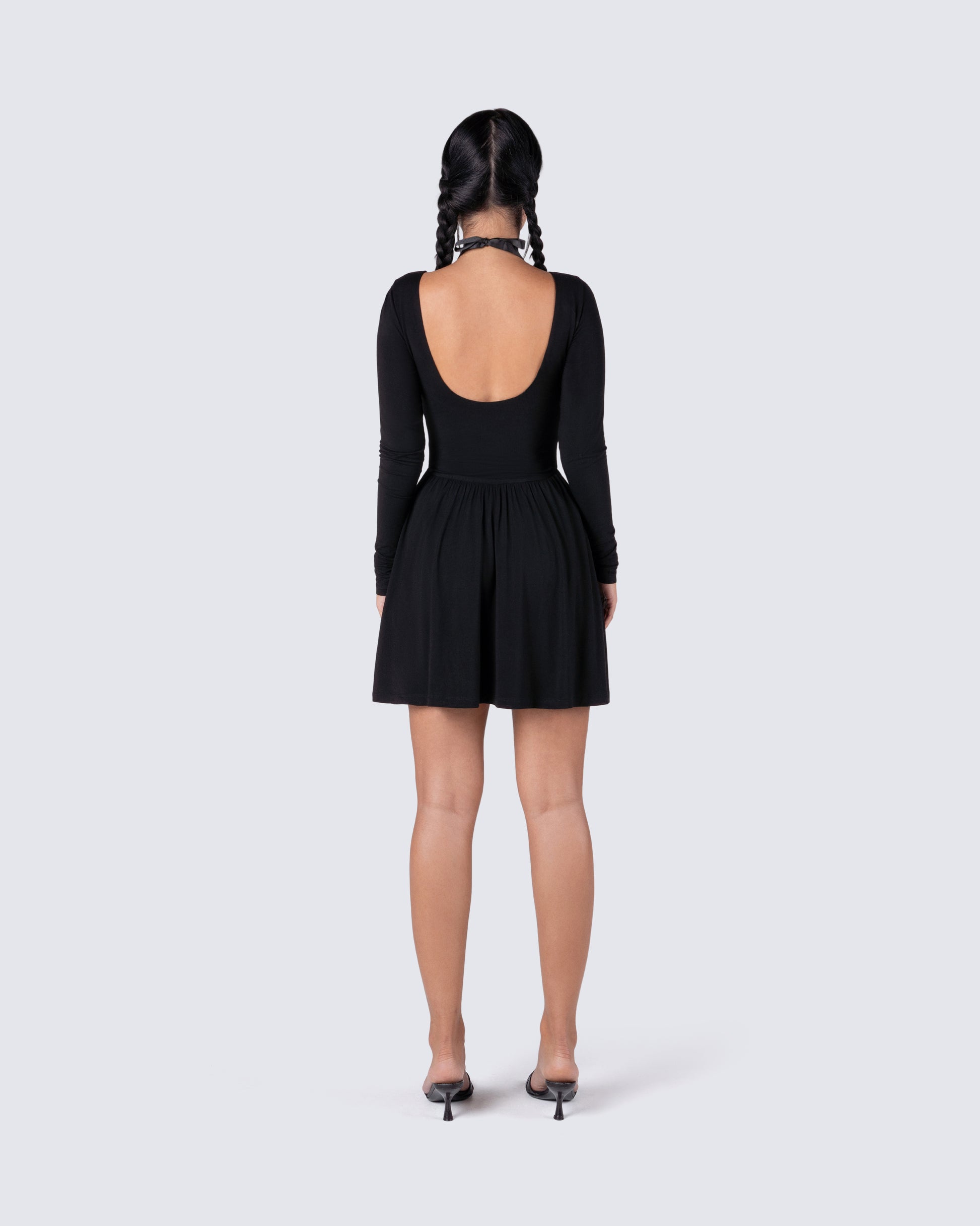 Black Low Back Mini Dress - Long Sleeve Fit & Flare FINESSE Black Low Back Mini Dress - Long Sleeve Fit & Flare FINESSE