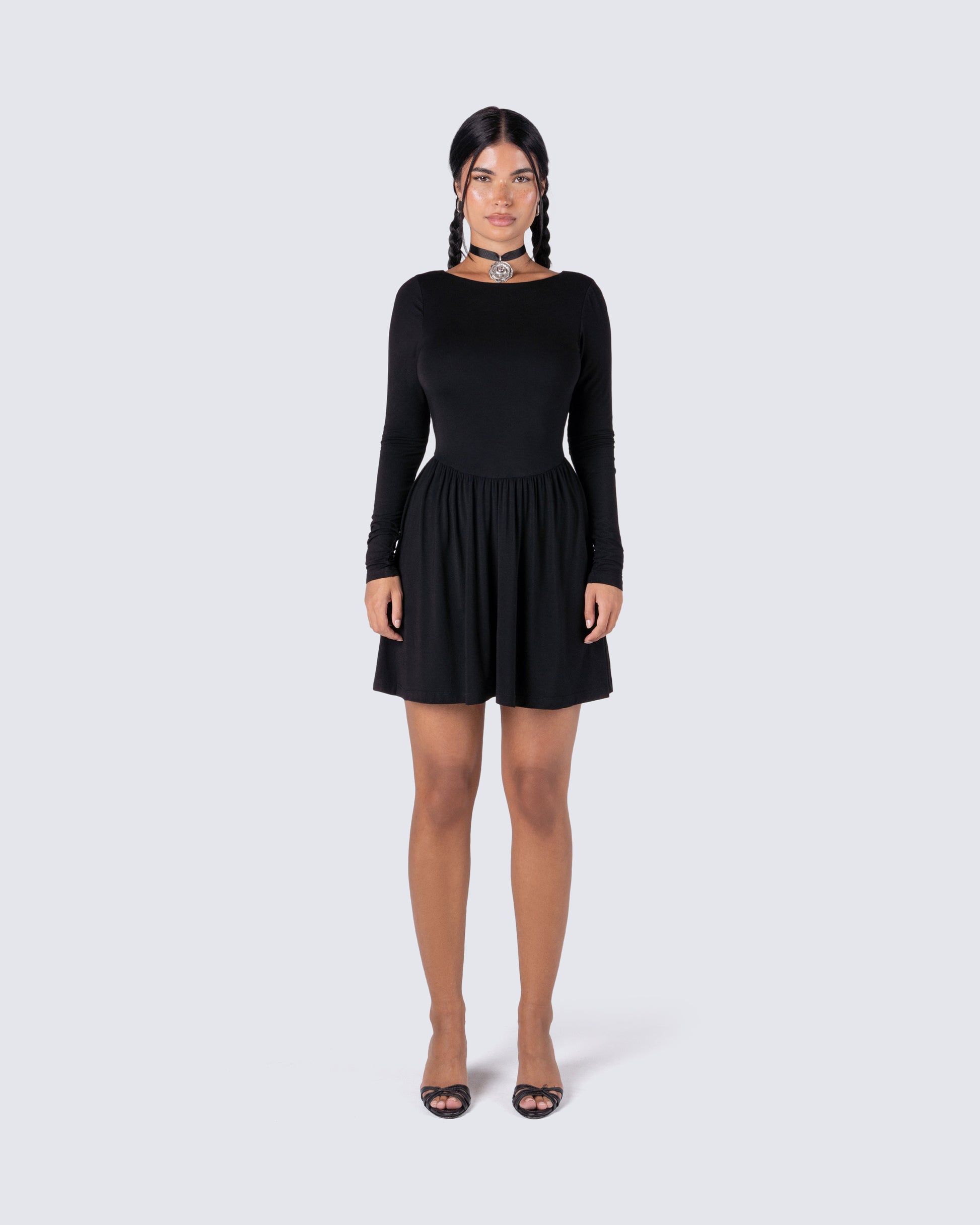 Black Low Back Mini Dress - Long Sleeve Fit & Flare FINESSE Black Low Back Mini Dress - Long Sleeve Fit & Flare FINESSE