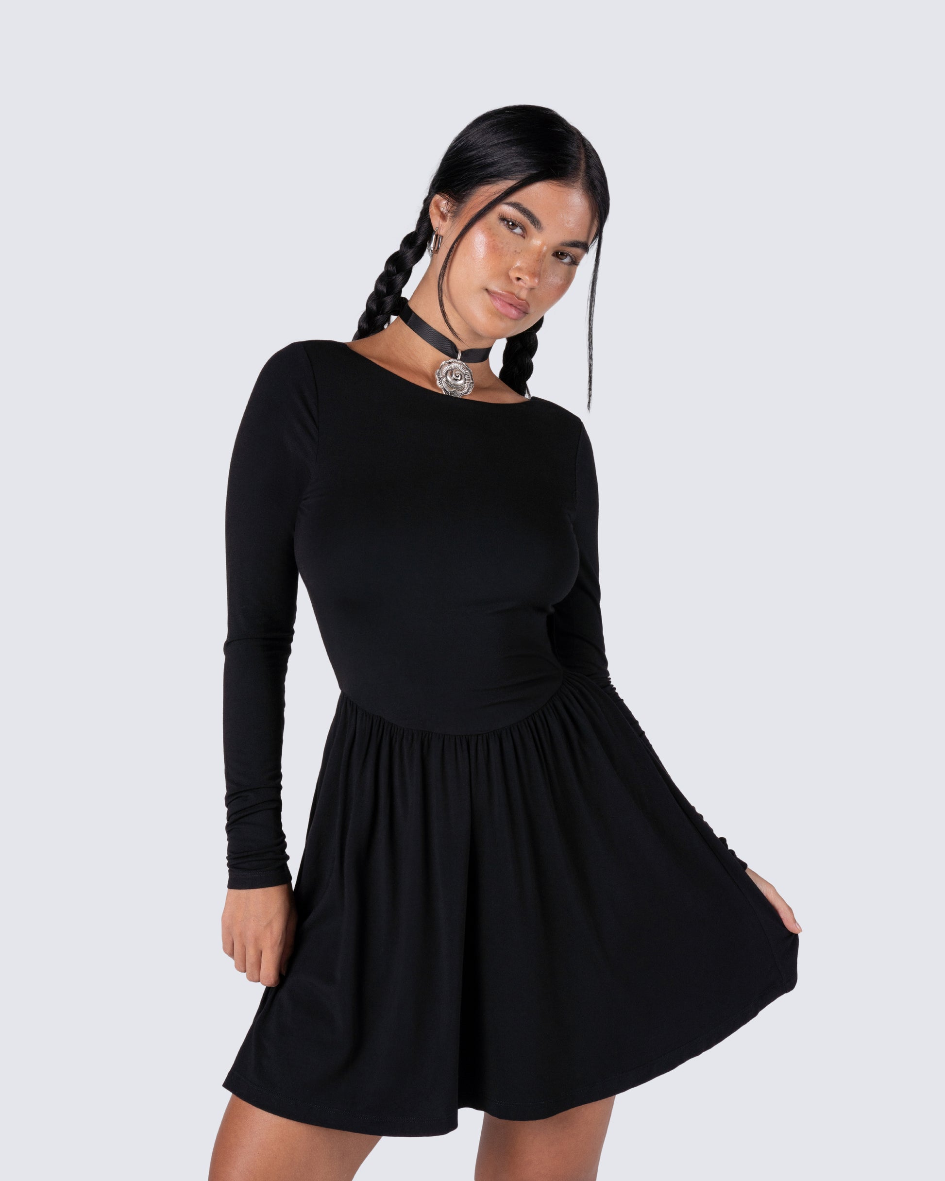 Black Low Back Mini Dress - Long Sleeve Fit & Flare FINESSE Black Low Back Mini Dress - Long Sleeve Fit & Flare FINESSE