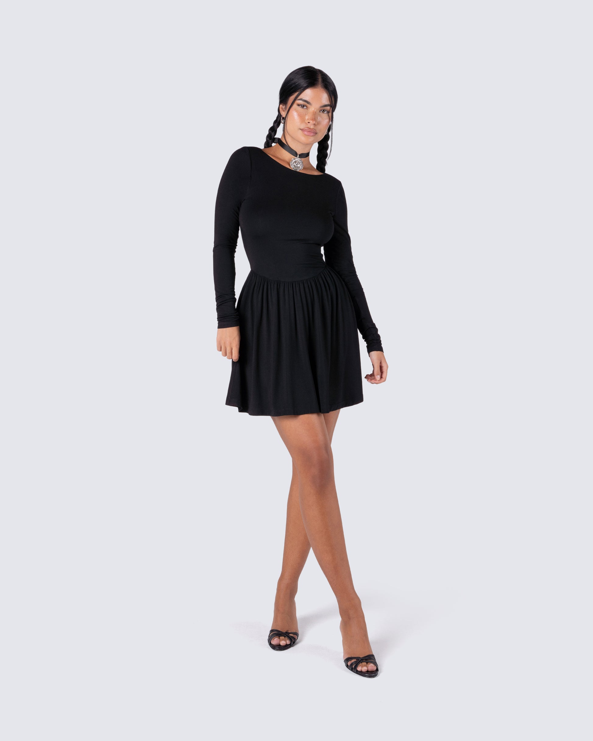Black Low Back Mini Dress - Long Sleeve Fit & Flare FINESSE Black Low Back Mini Dress - Long Sleeve Fit & Flare FINESSE