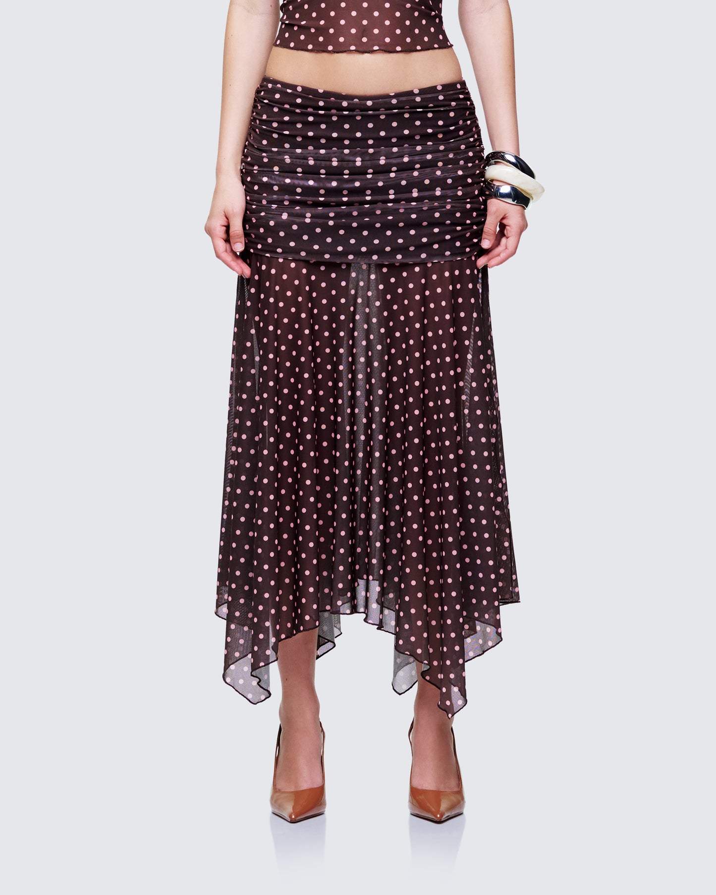 Lehlani Brown Polka Drop Waist Midaxi Skirt model front