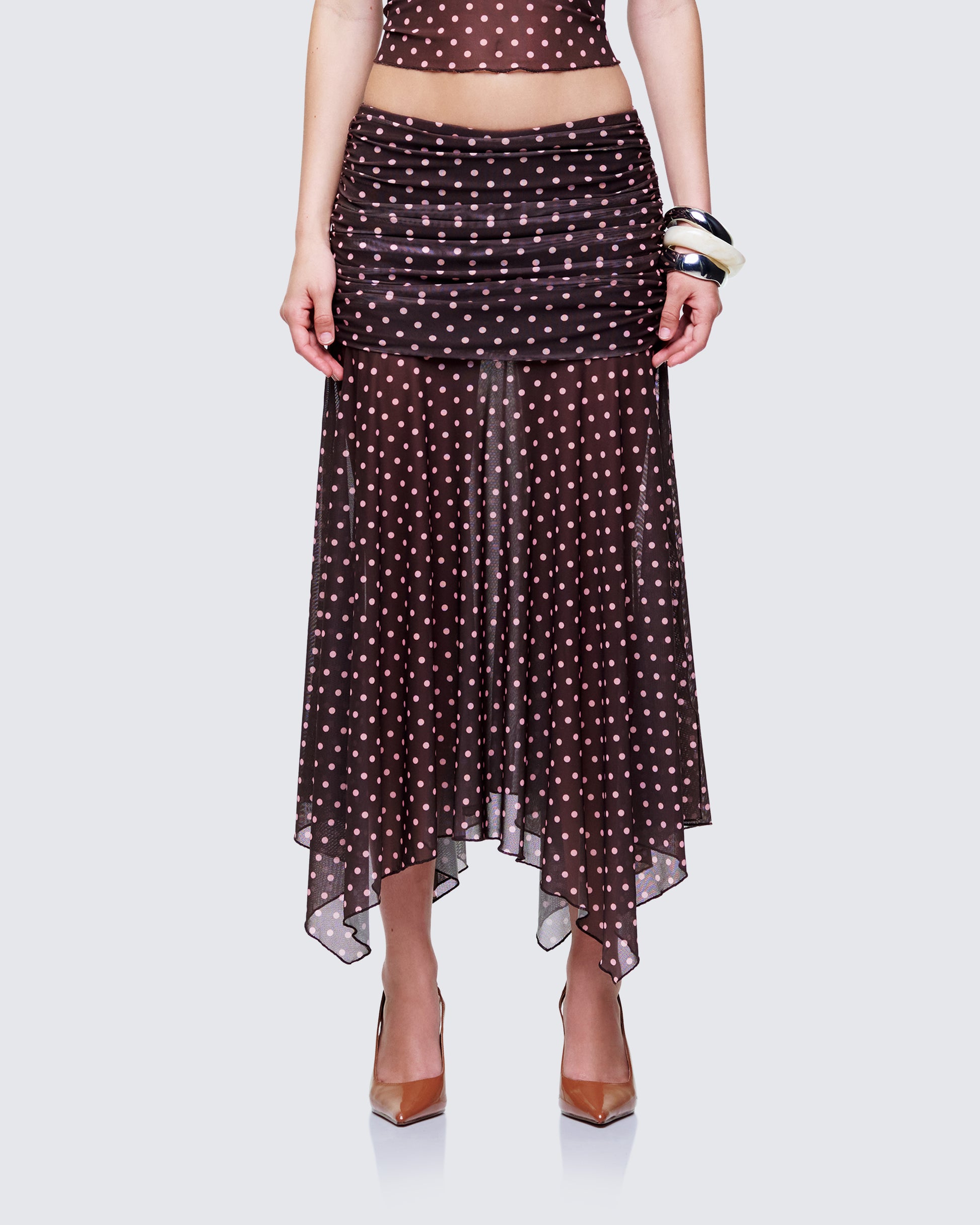 Lehlani Brown Polka Drop Waist Midaxi Skirt model front