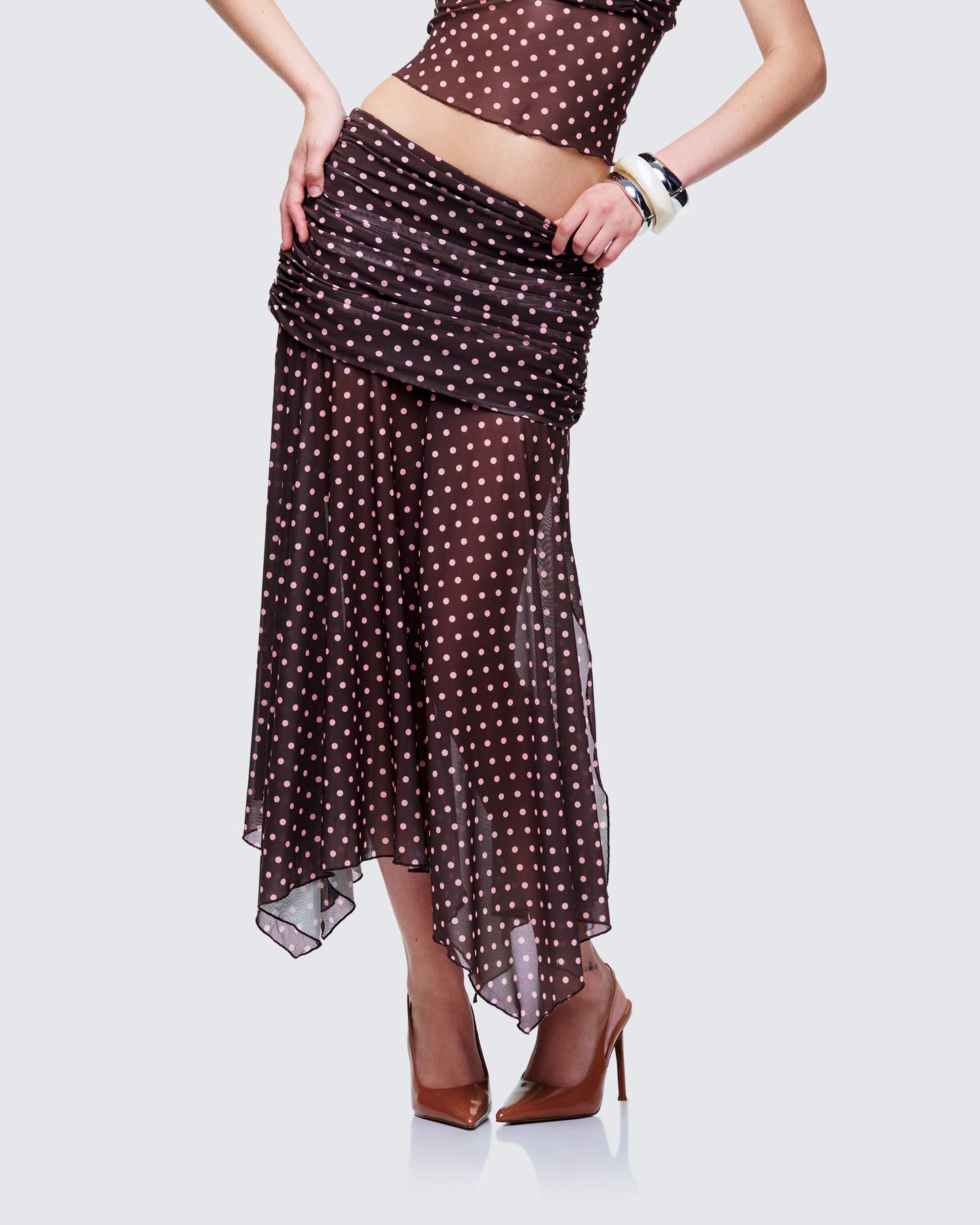 Lehlani Brown Polka Drop Waist Midaxi Skirt