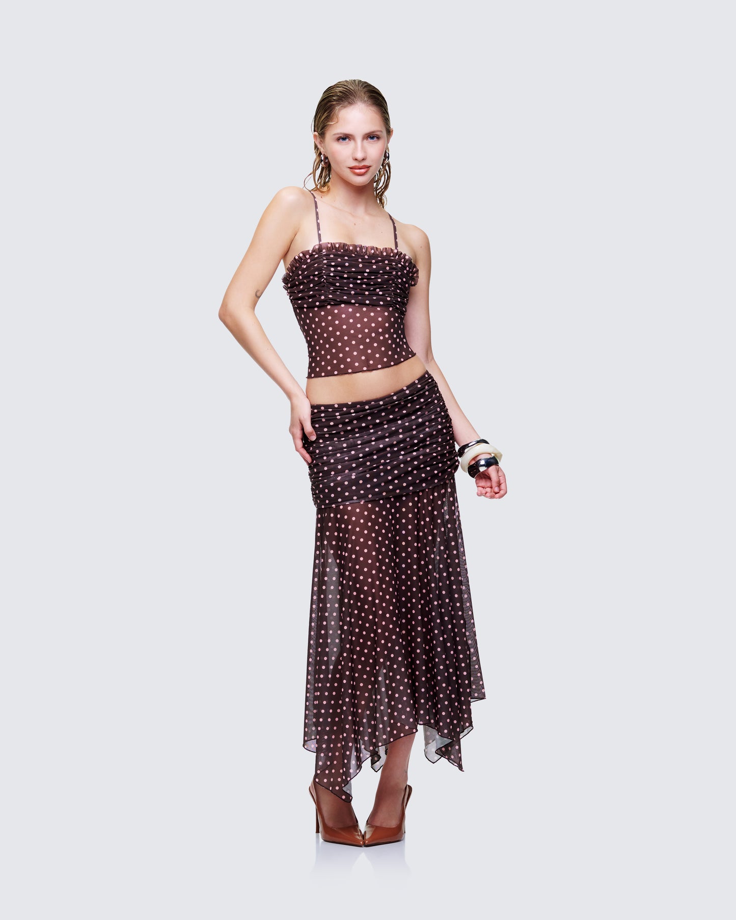 Lehlani Brown Polka Drop Waist Midaxi Skirt