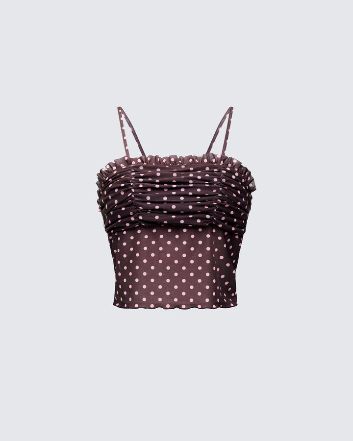 Lehlani Brown Polka Mesh Ruffle Edge Cami Top product front