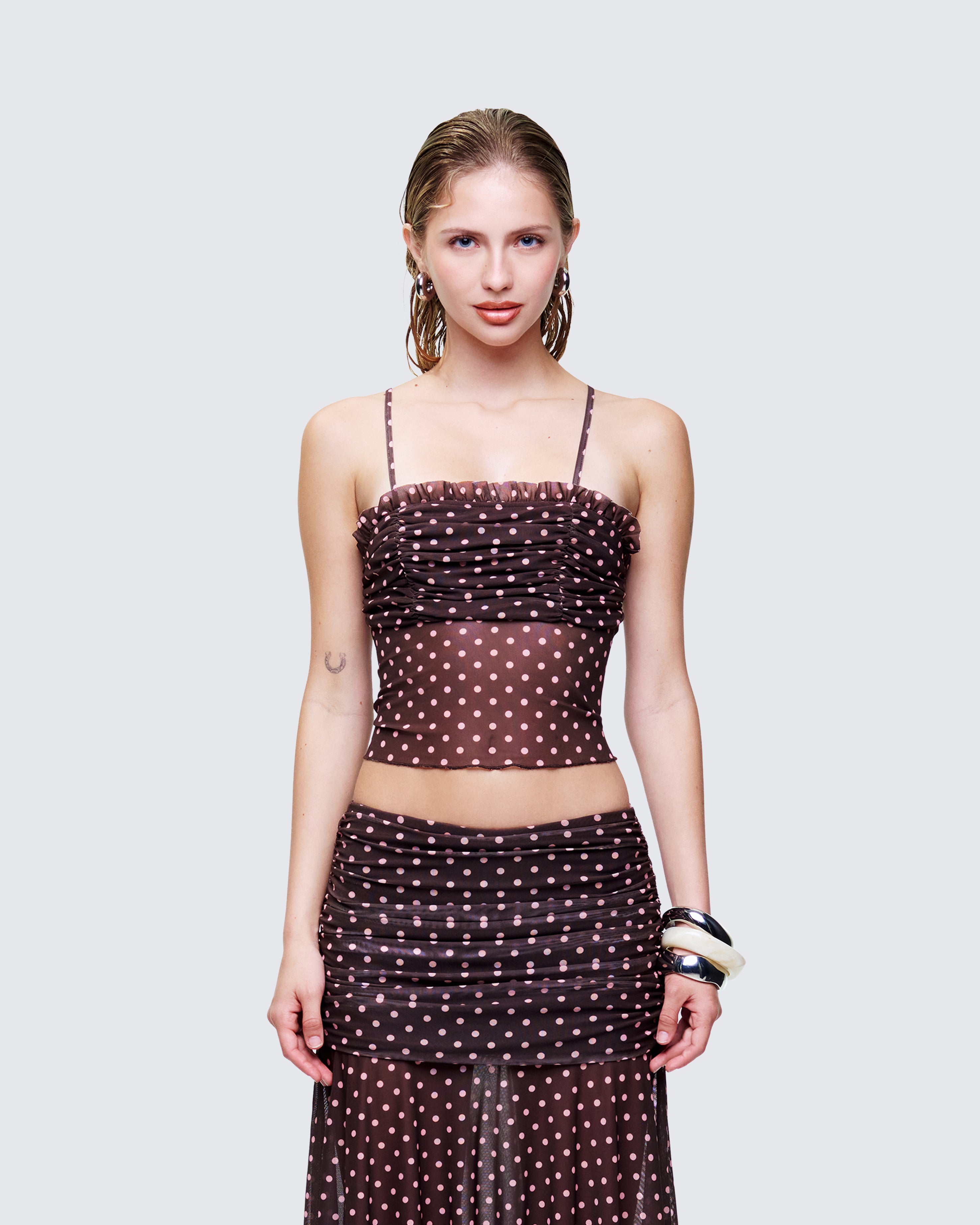 トップス eaphi TULLE ASYMMETRY FRILL CAMISOLE Brown Polka Dot Mesh Cami - Ruffle Ruched Party Top – FINESSE