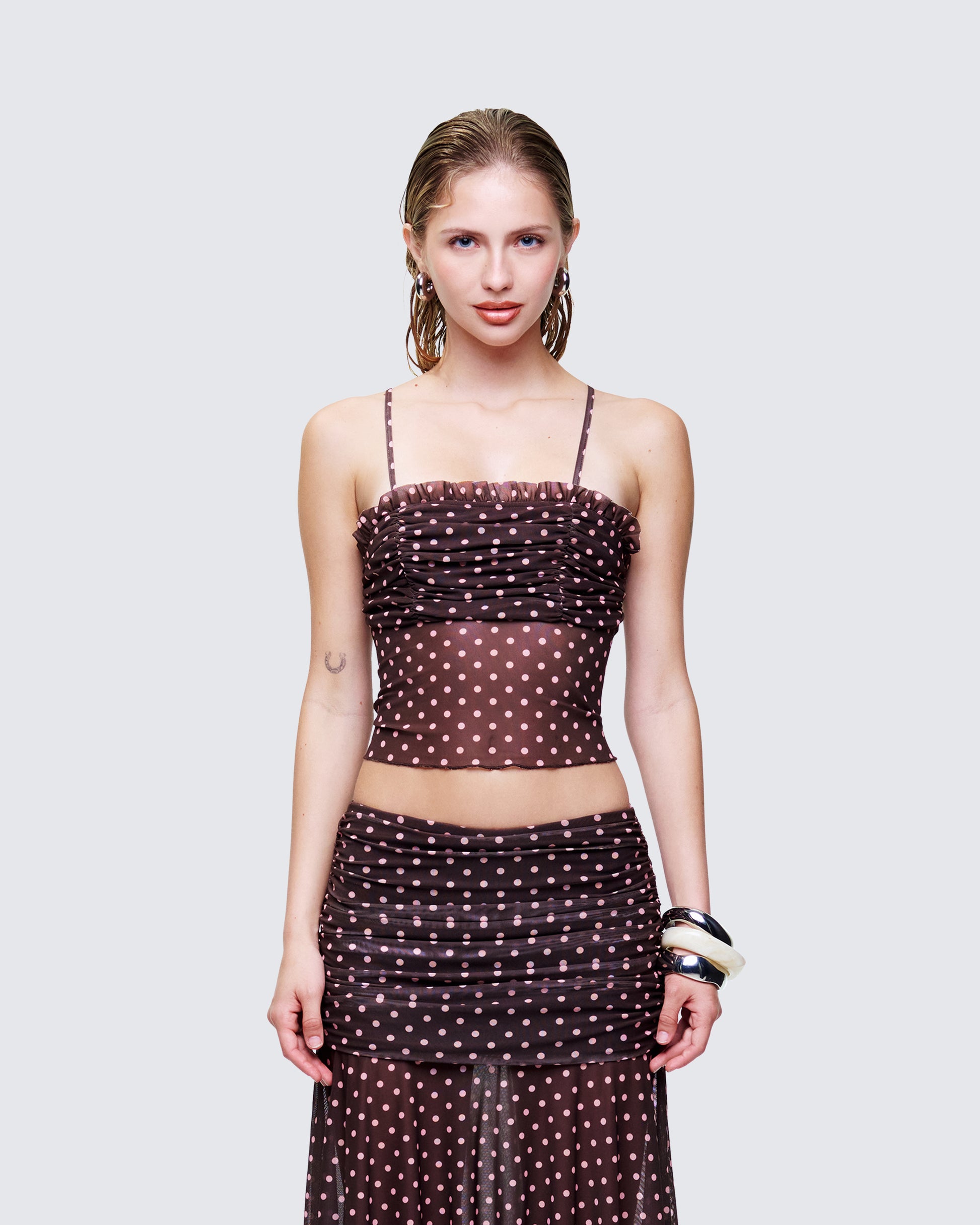 Lehlani Brown Polka Mesh Ruffle Edge Cami Top model front