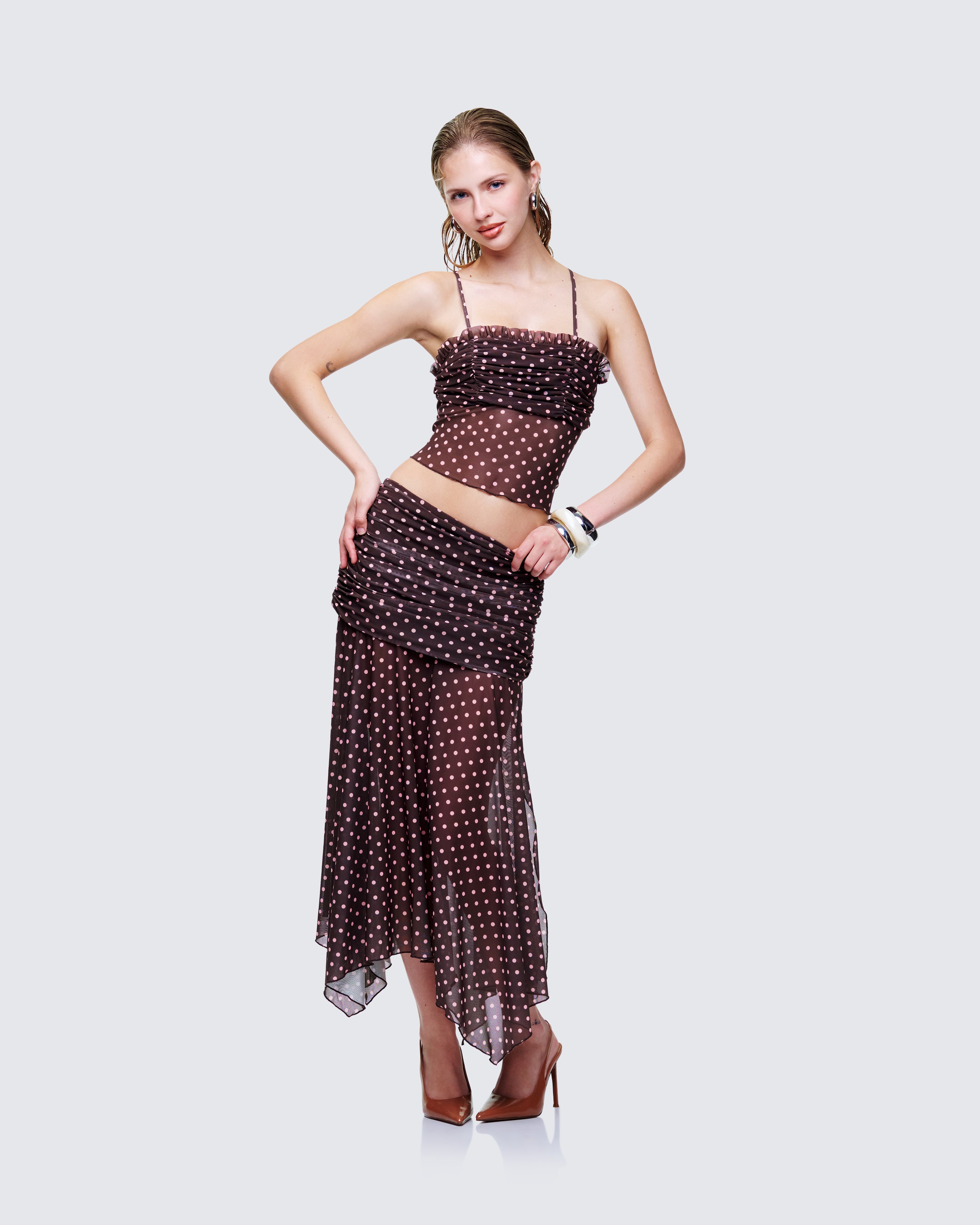 Brown Polka Dot Mesh Cami - Ruffle Ruched Party Top – FINESSE