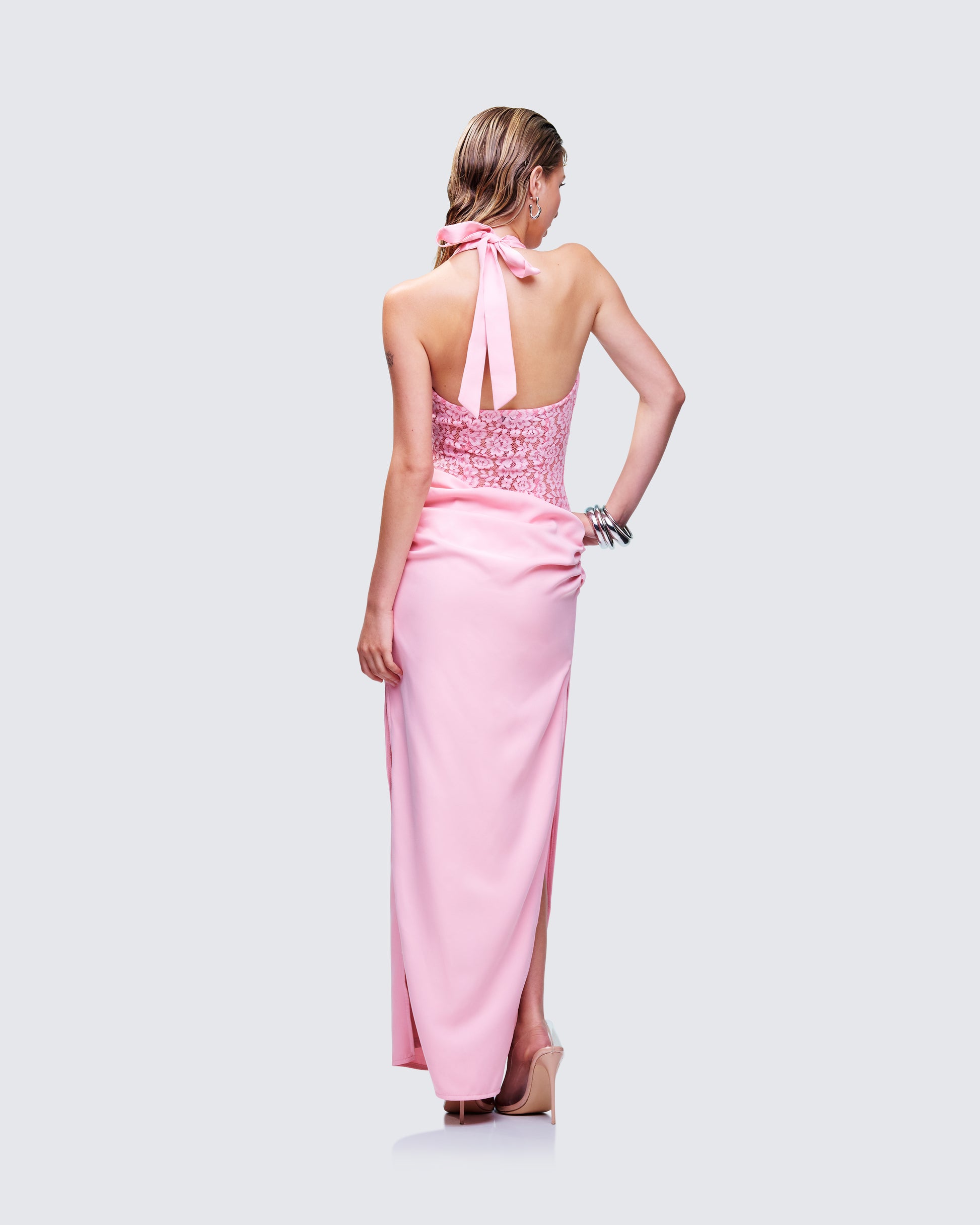 Pink Halter Maxi Dress - Lace Bodice Satin FINESSE Pink Halter Maxi Dress - Lace Bodice Satin FINESSE
