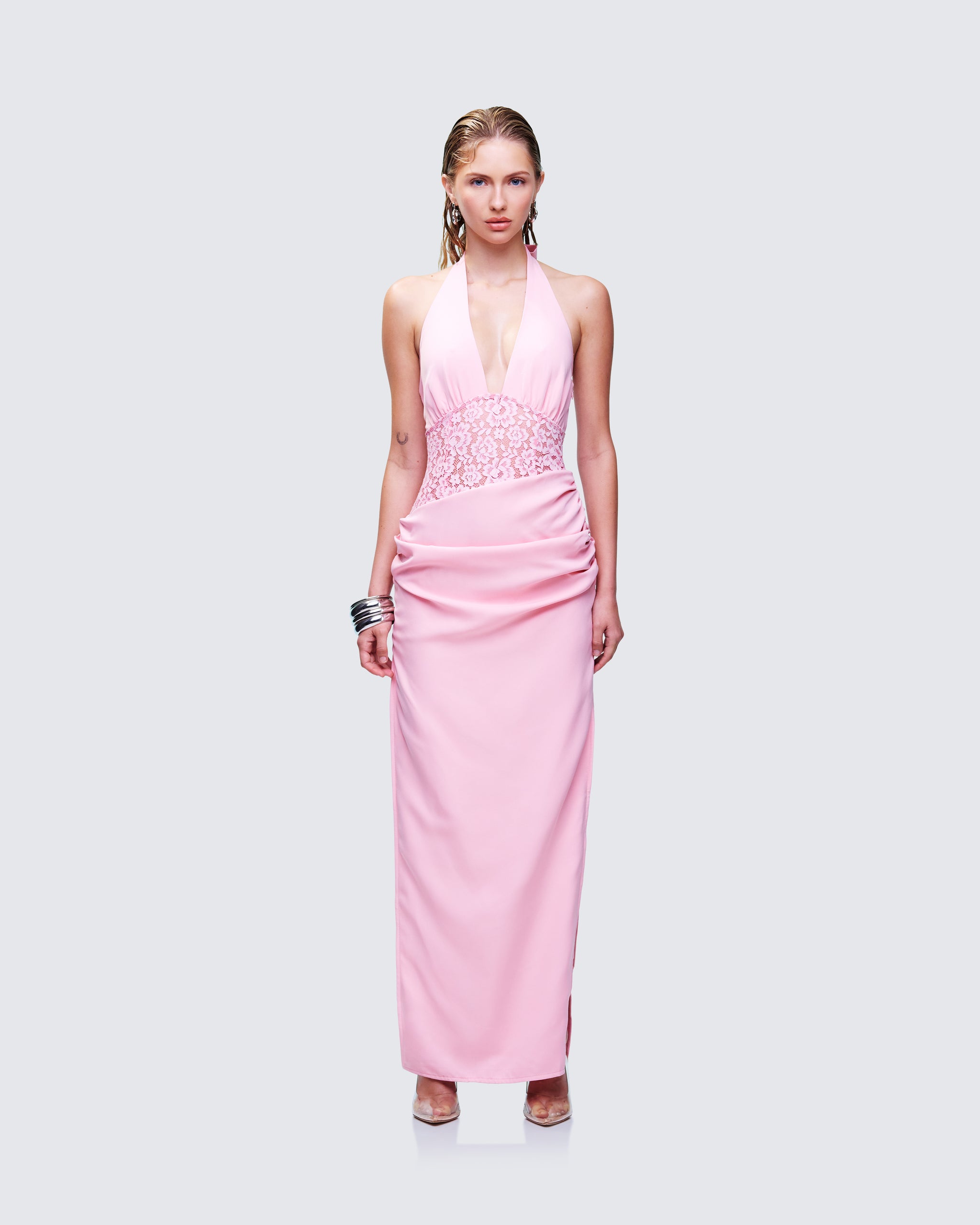 Suede Draped Lace Maxi Dress in Pink main image 1