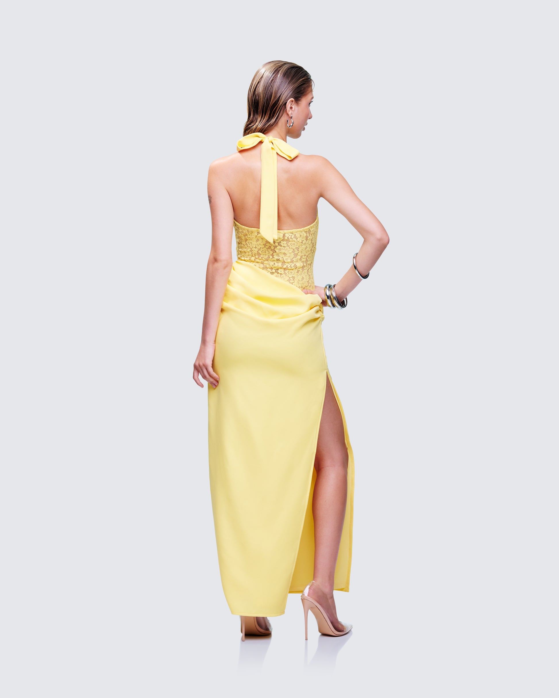 Yellow Halter Maxi Dress - Lace Waist Satin Formal XL Yellow Halter Maxi Dress - Lace Waist Satin Formal XL