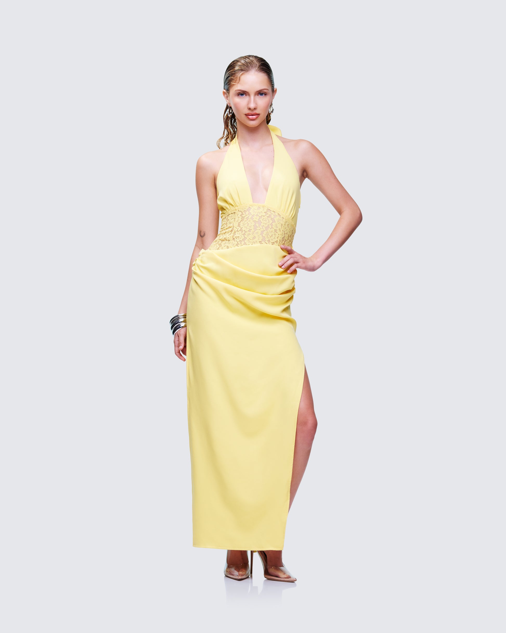 Yellow Halter Maxi Dress - Lace Waist Satin Formal XL Yellow Halter Maxi Dress - Lace Waist Satin Formal XL