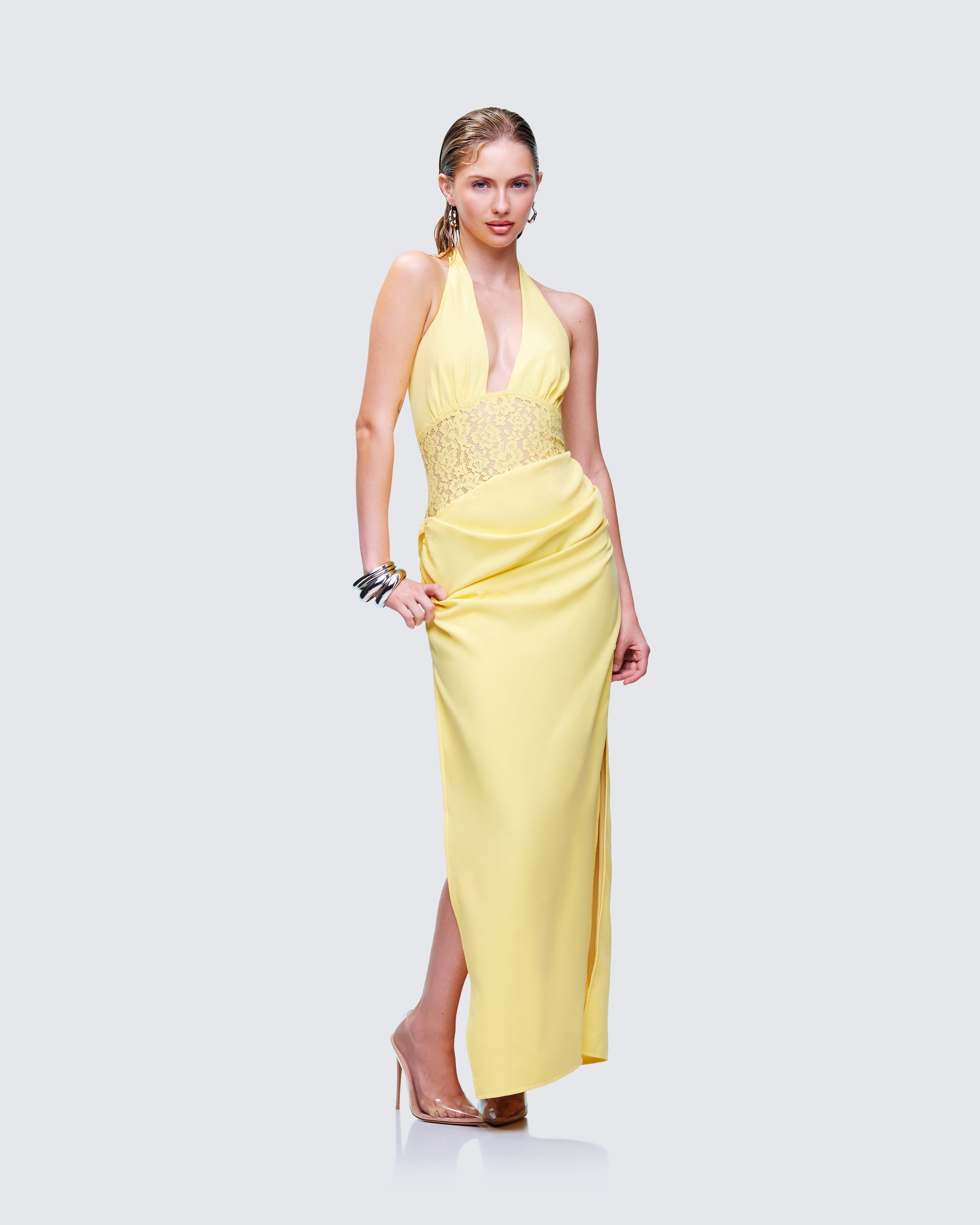 Yellow Halter Maxi Dress - Lace Waist Satin Formal XL Yellow Halter Maxi Dress - Lace Waist Satin Formal XL