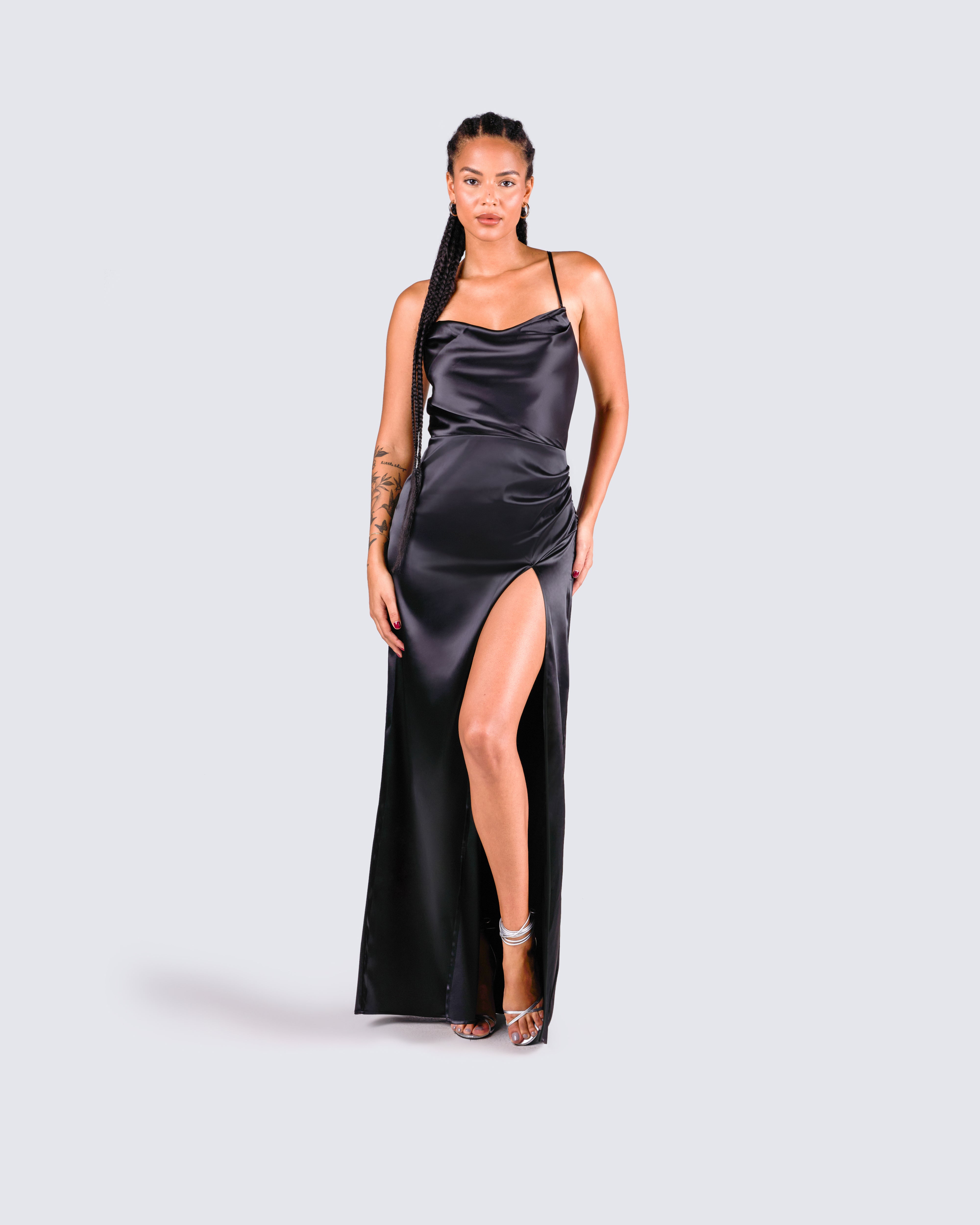 Lerata Black Satin Maxi Dress – FINESSE