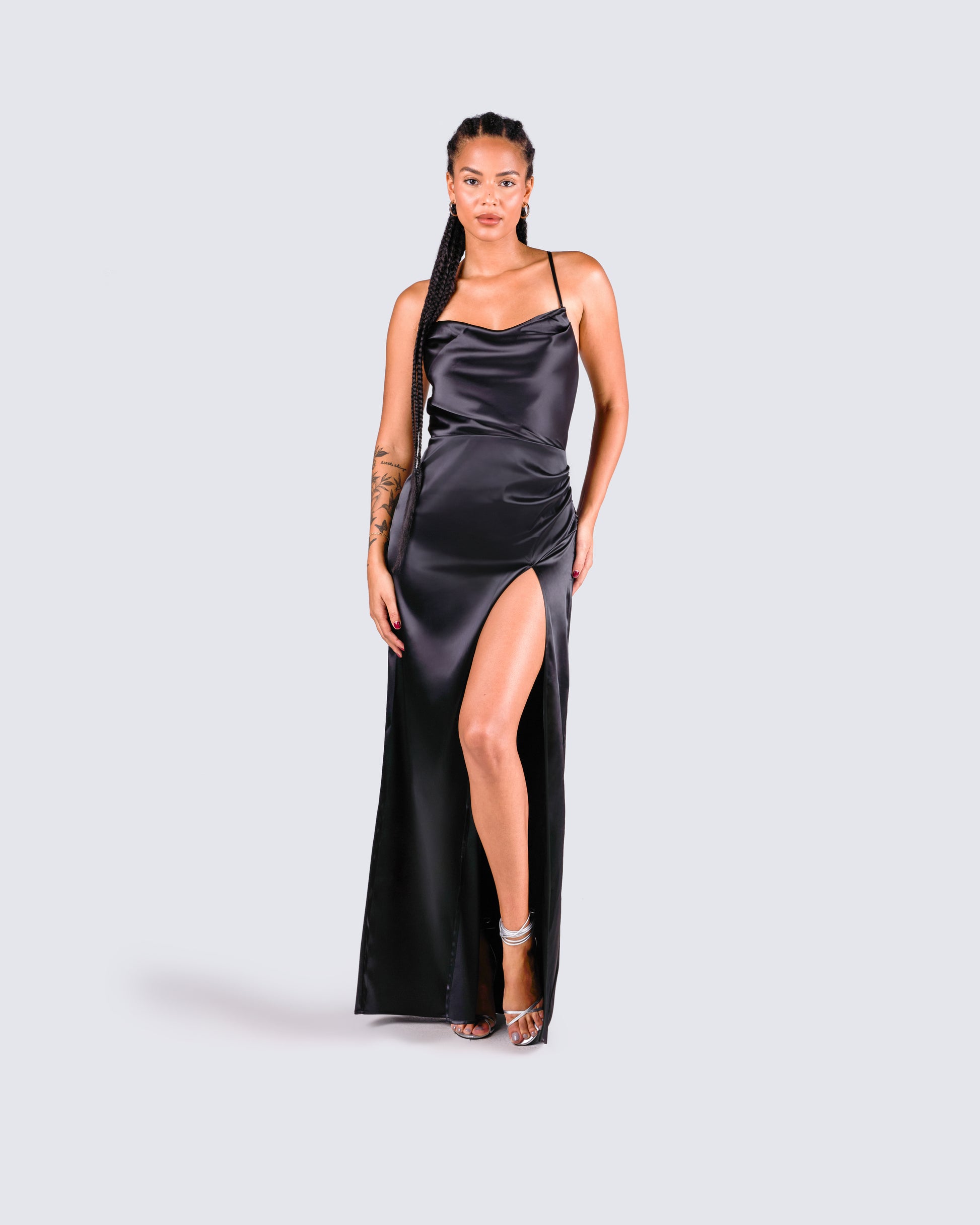 Black Satin Maxi Dress - Bodycon Slit Evening Gown FINESSE Black Satin Maxi Dress - Bodycon Slit Evening Gown FINESSE