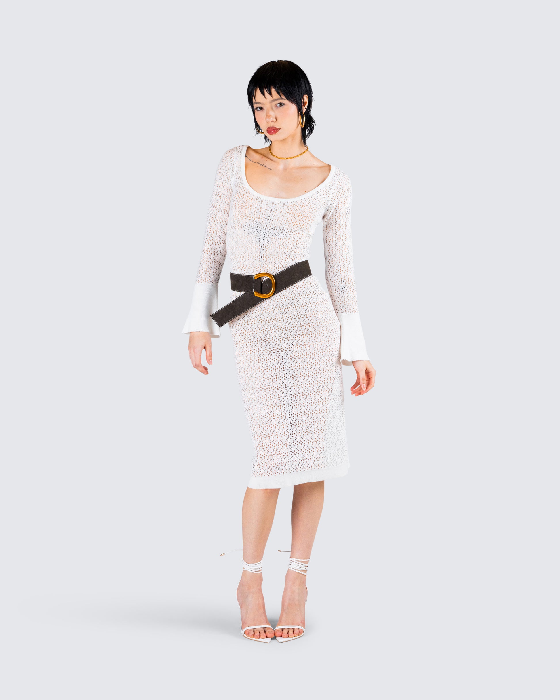White Knit Midi Dress - Long Sleeve Bodycon Sweater FINESSE White Knit Midi Dress - Long Sleeve Bodycon Sweater FINESSE