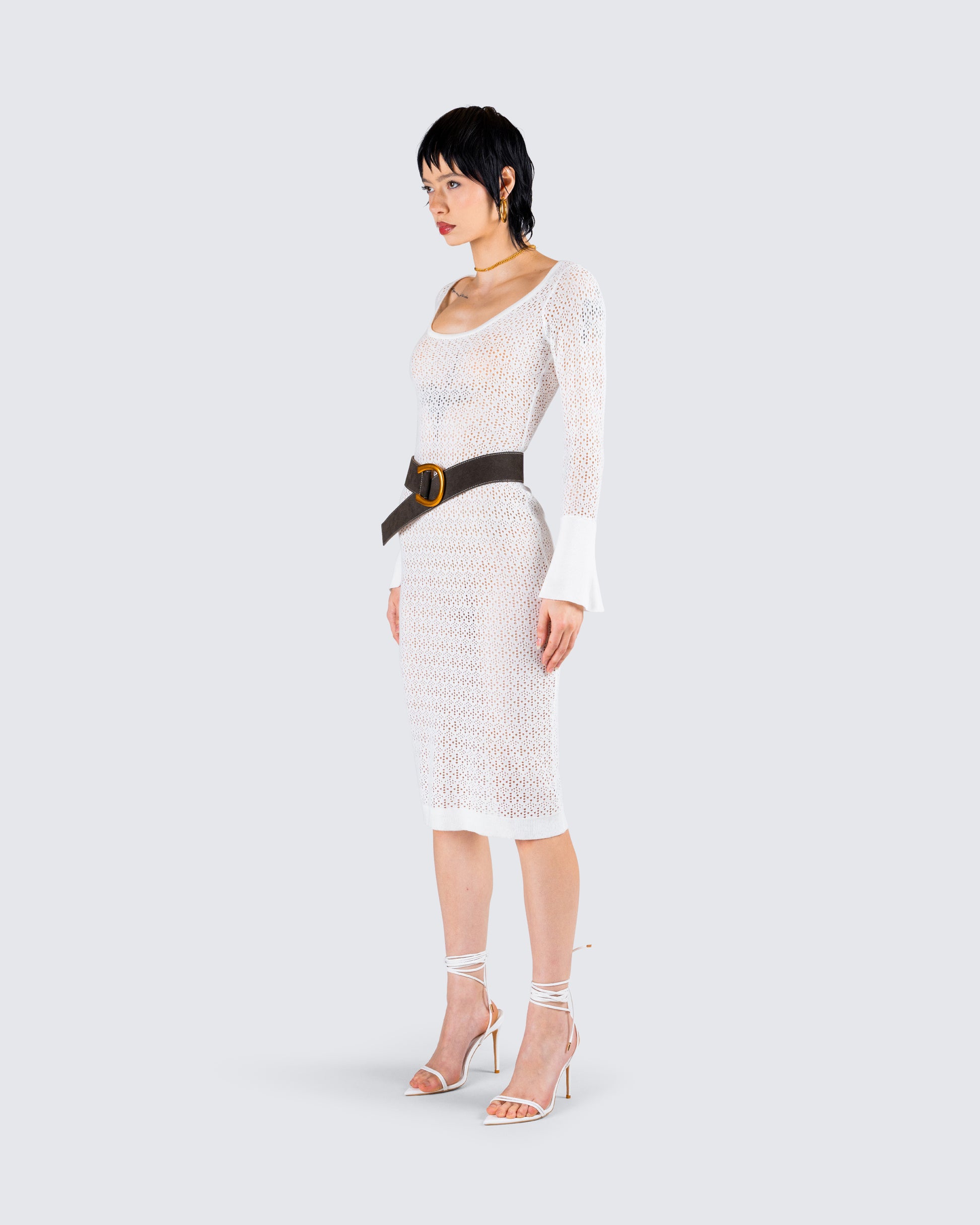 White Knit Midi Dress - Long Sleeve Bodycon Sweater FINESSE White Knit Midi Dress - Long Sleeve Bodycon Sweater FINESSE