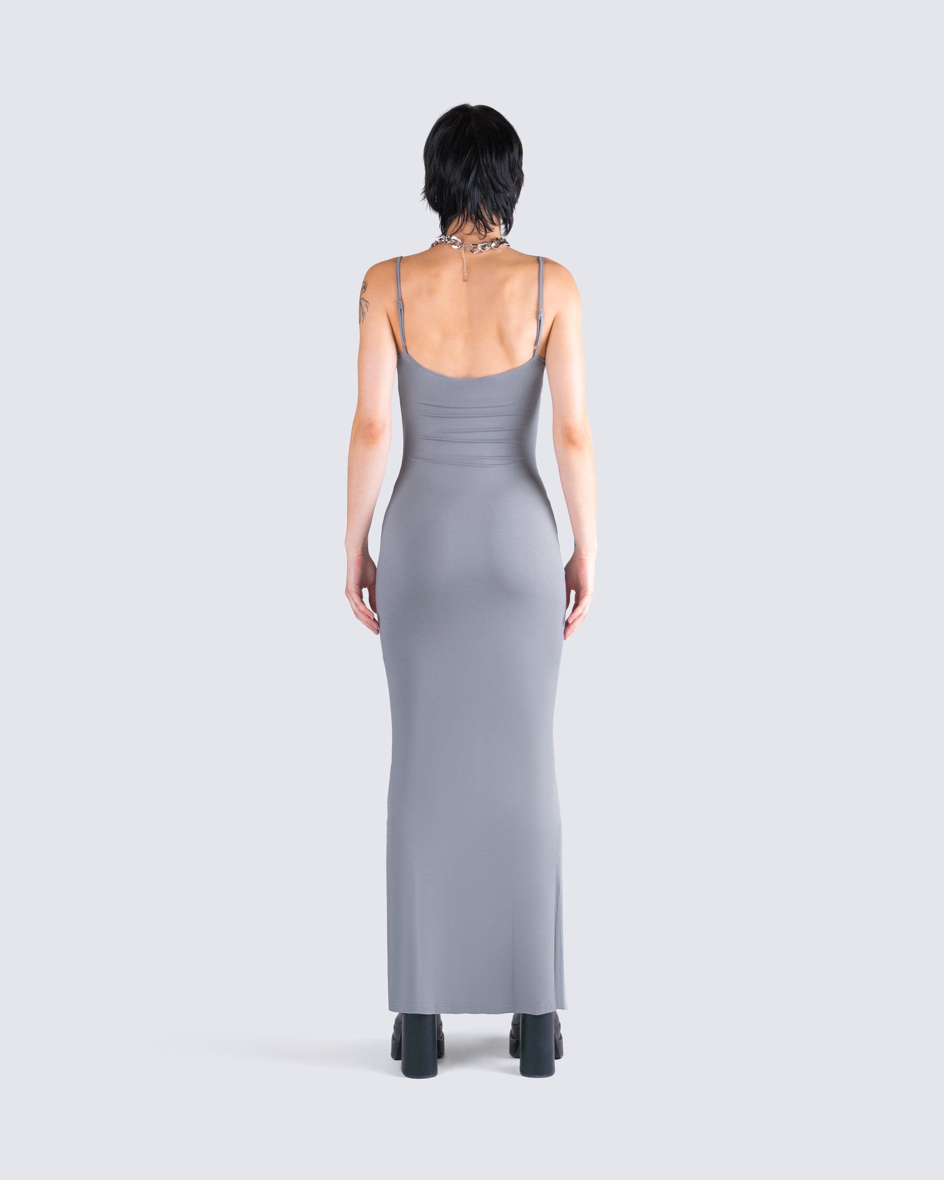 Grey Maxi Dress - Spaghetti Strap Bodycon Formal FINESSE Grey Maxi Dress - Spaghetti Strap Bodycon Formal FINESSE